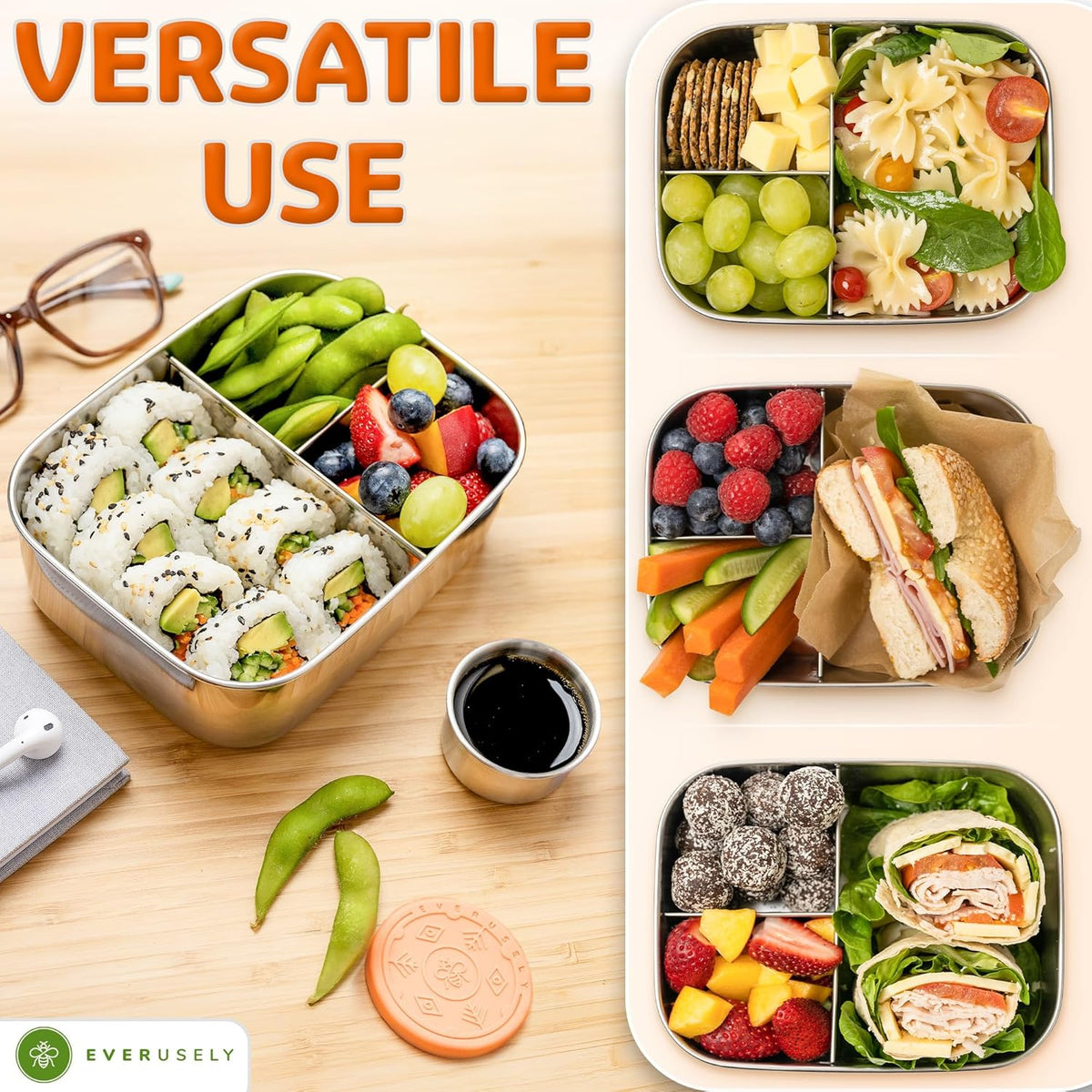 Everusely - Bento Box - Orange, 27oz / 0.8 L - Stainless Steel Lunch Box with Leakproof Condiment Container - 3 Compartment Snack Organizer for On the Go Meals - Freezer & Dishwasher Safe
