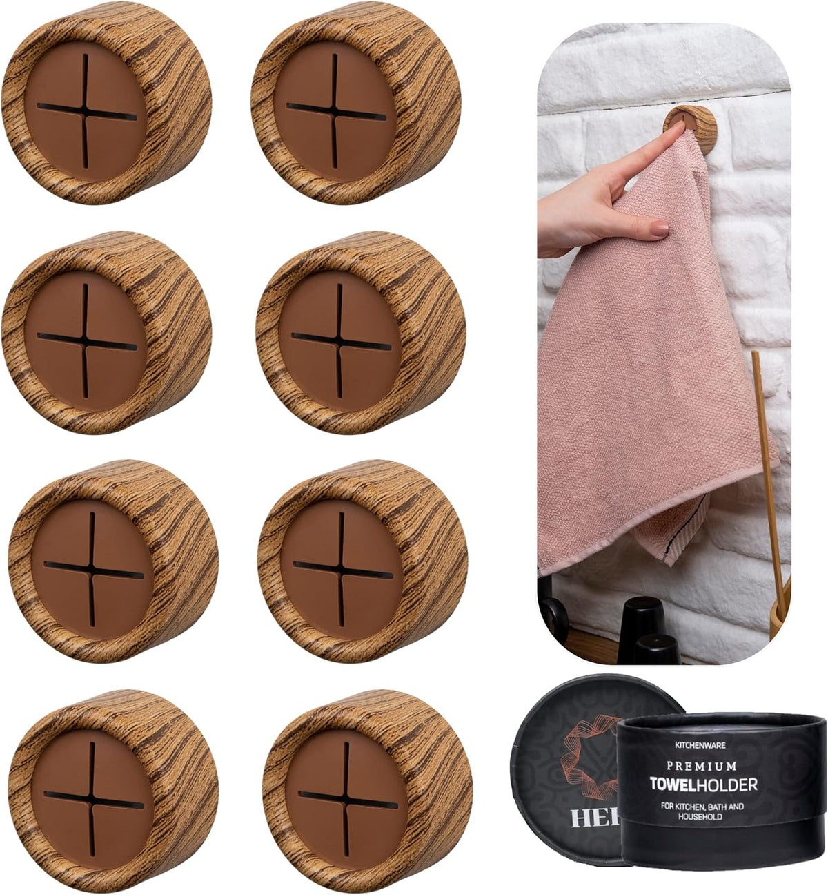 HEFA Towel Holder, Towel Hooks, Dish Towel Holder, Kitchen Organization, Bathroom Accesories, Kitchen Towel Hook, Kitchen Towel Holder, Gift, Kitchen Gadgets (Pine, 8 Pack)