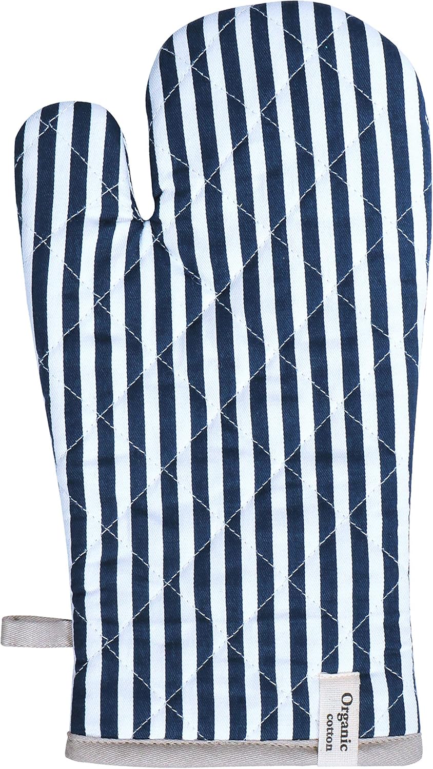 AMOUR INFINI Striped Pot Holders and Oven Mitts Heat Resistant Non Slip Reusable Set of 1 Oven Mitt and 1 Pot Holder Oven Gloves Pot Holder for Cooking (Blue)