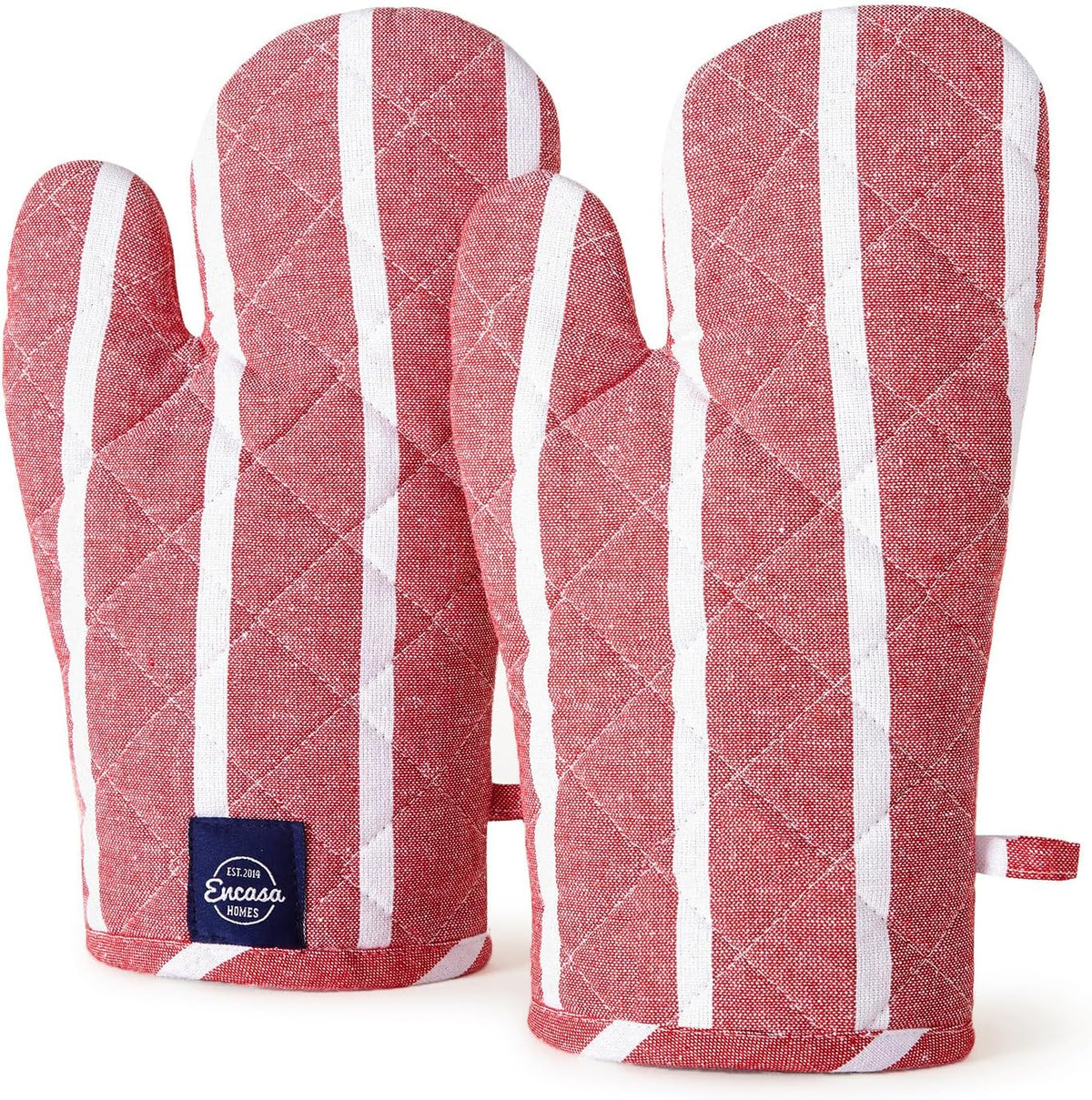 Encasa XO Long 12"x7" Oven Microwave Hand Gloves Mitts (2 pc Set) for Kitchen Cooking & Baking - Heat Resistant, Thick & Safe, Protection of Hands from Hot Utensils - Roma Red Stripes