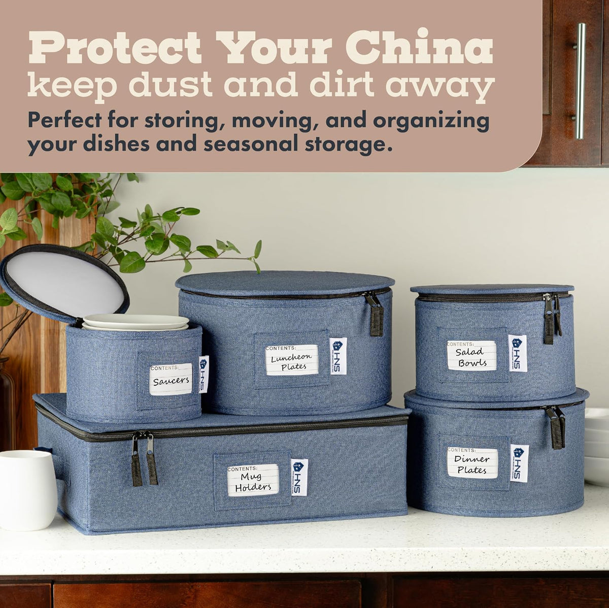 Hard Shell China Storage Containers 5-Piece Set Moving Boxes for Dinnerware, Glasses, Plates, Mugs and Saucers Sturdy Dish Organizer with Dividers for Seasonal Storage - Service for 12 - Denim Blue