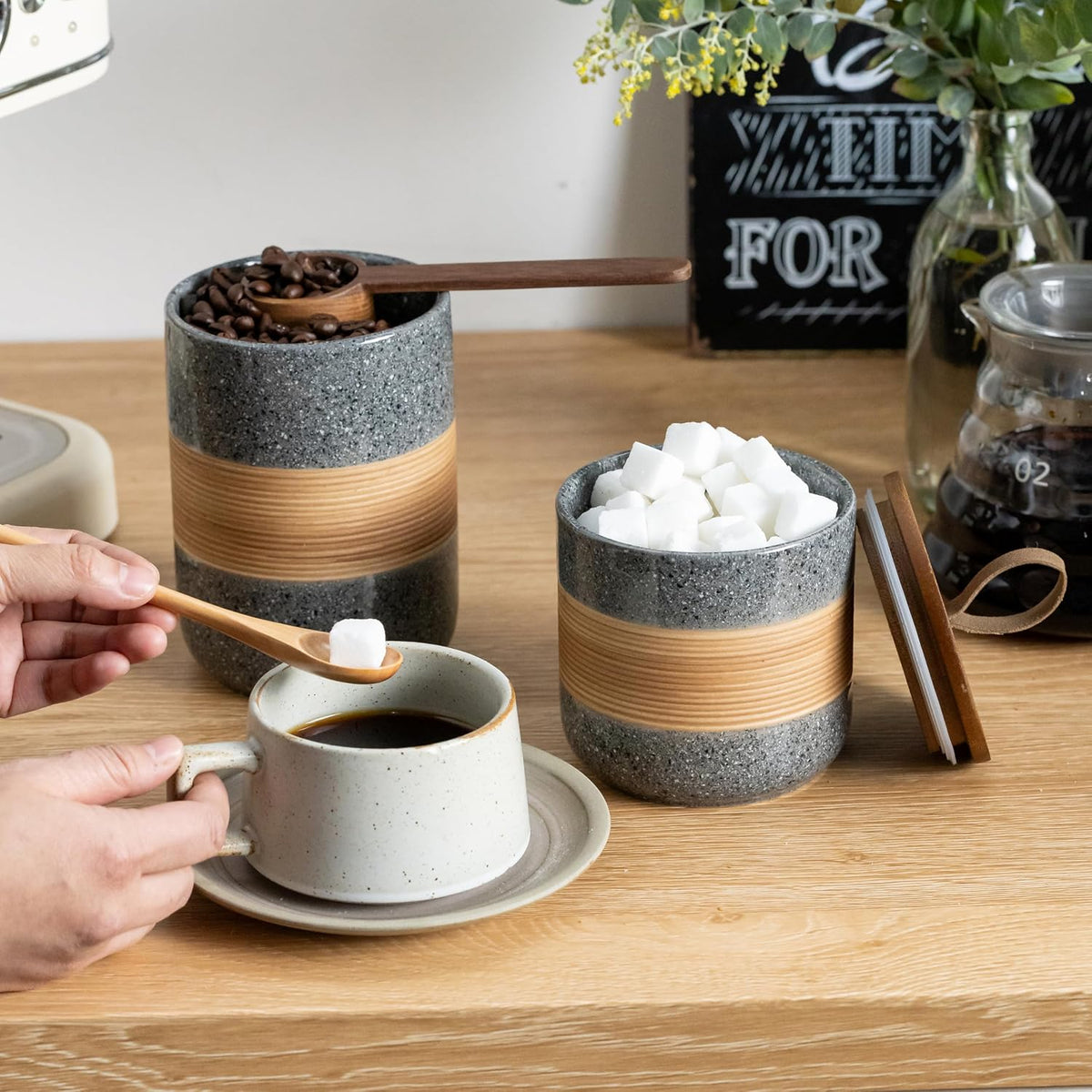 Small Ceramic Jar with Lid, Coffee Container, Coffee Canisters with Airtight Lids Kitchen Food Storage Jars for Spice Sugar Tea Bag, Mini Decorative Jars for Countertop, Grey & 5oz