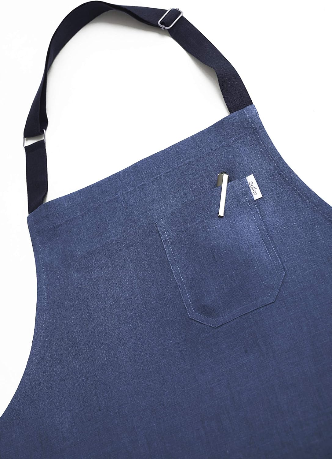 Solino Home Linen Kitchen Apron for Men & Women - 100% Pure Linen Blue/Navy Bib Apron with Front Pockets - Handcrafted from European Flax