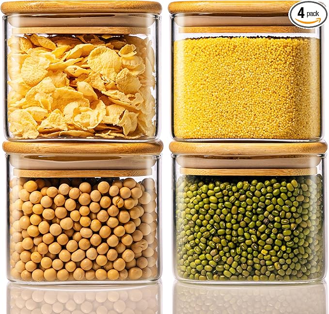 21oz - 4 Pack Square Glass Jars with Bamboo Lids, Glass Food Storage Containers with Airtight Lids, Air Tight Pantry Storage Containers for Coffee, Sugar, Spice, Meal Prep Jars for Salad & Fruit