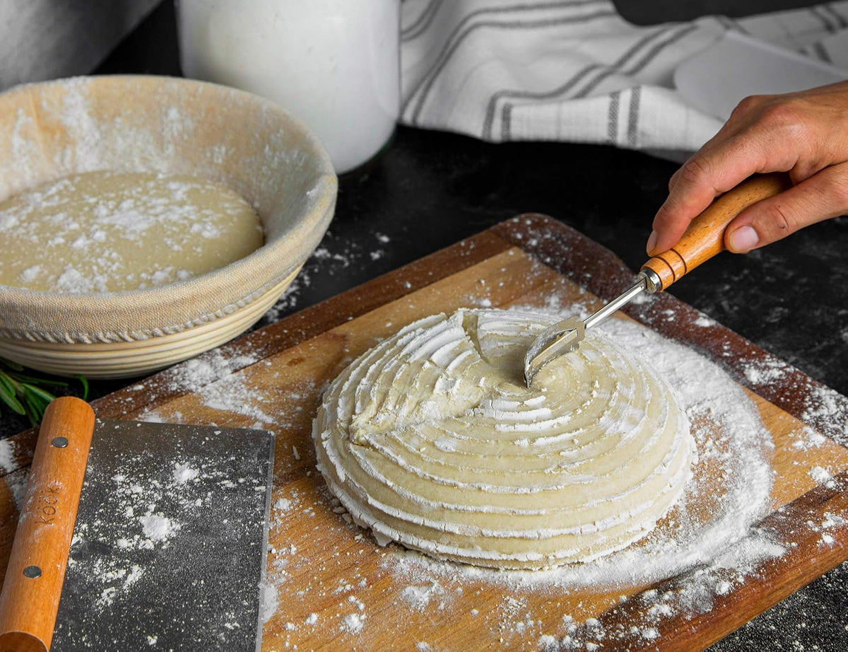 Kook Proofing Set, Sourdough Bread, 2 Rattan 9 Inch Banneton Baskets, 2 Basket Covers, Metal Scraper, Plastic Scraper, Scoring Lame, 5 Blades and Case, Baking Kit, Dough Bowls, Round Shape