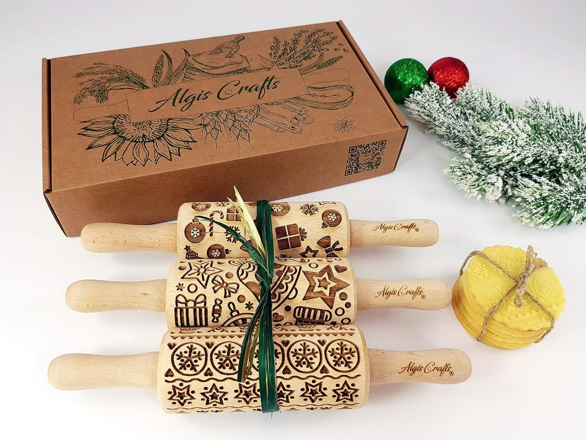 CHRISTMAS FUN 3 Kid Rolling Pin Set. Wooden Laser Cut Embossing Cut Mini Rolling Pins for Embossed Cookies. Gift for Kid, Friend, Christmas by Algis Crafts