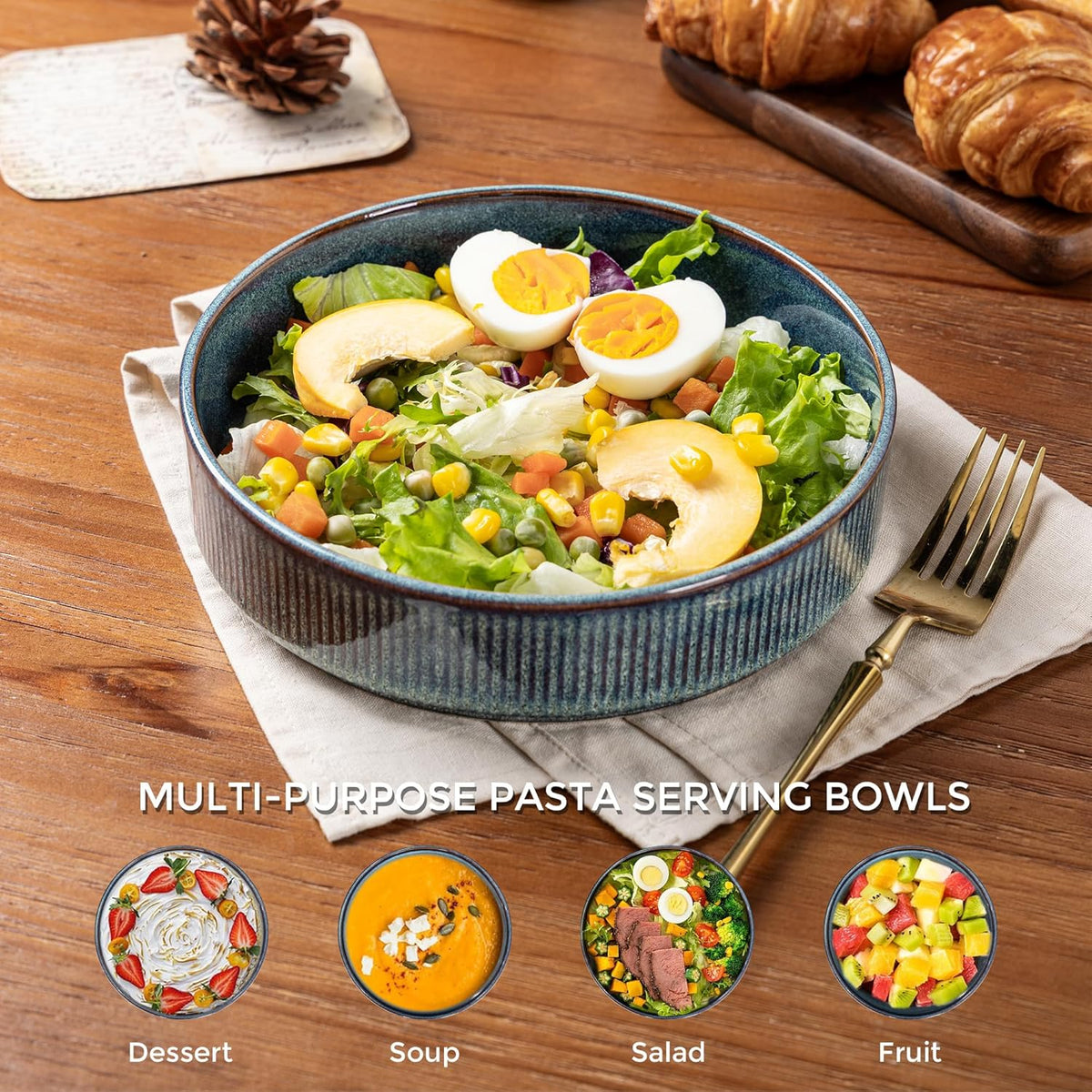 GBHOME 7.5'' Stoneware Pasta Bowls, Serving Bowls Set of 6 for Kitchen, Double Reactive Glaze Bowls for Fruit,Pasta,Salad,Oatmeal,Meal, Microwave Safe (6 pcs)