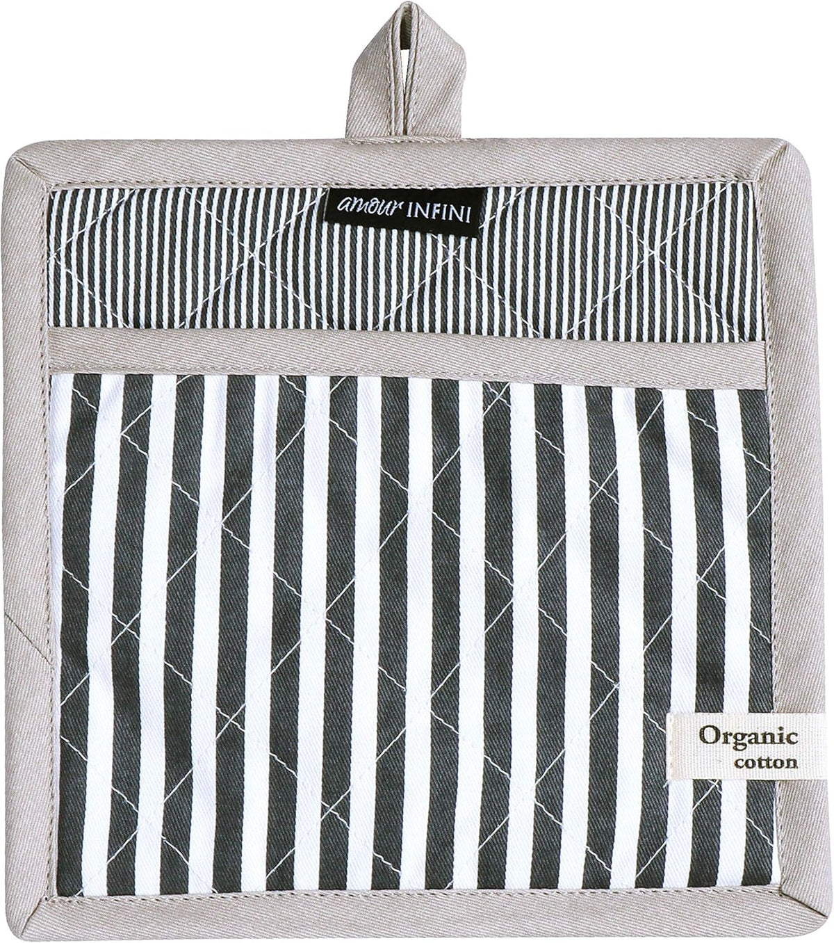 AMOUR INFINI Pot Holders Heat Resistant Cotton Set of 3 Nonslip 8"x8" Inch Hot Pads for Kitchen, BBQ, Baking & Cooking with Hanging Loops (Stripe Charcoal)