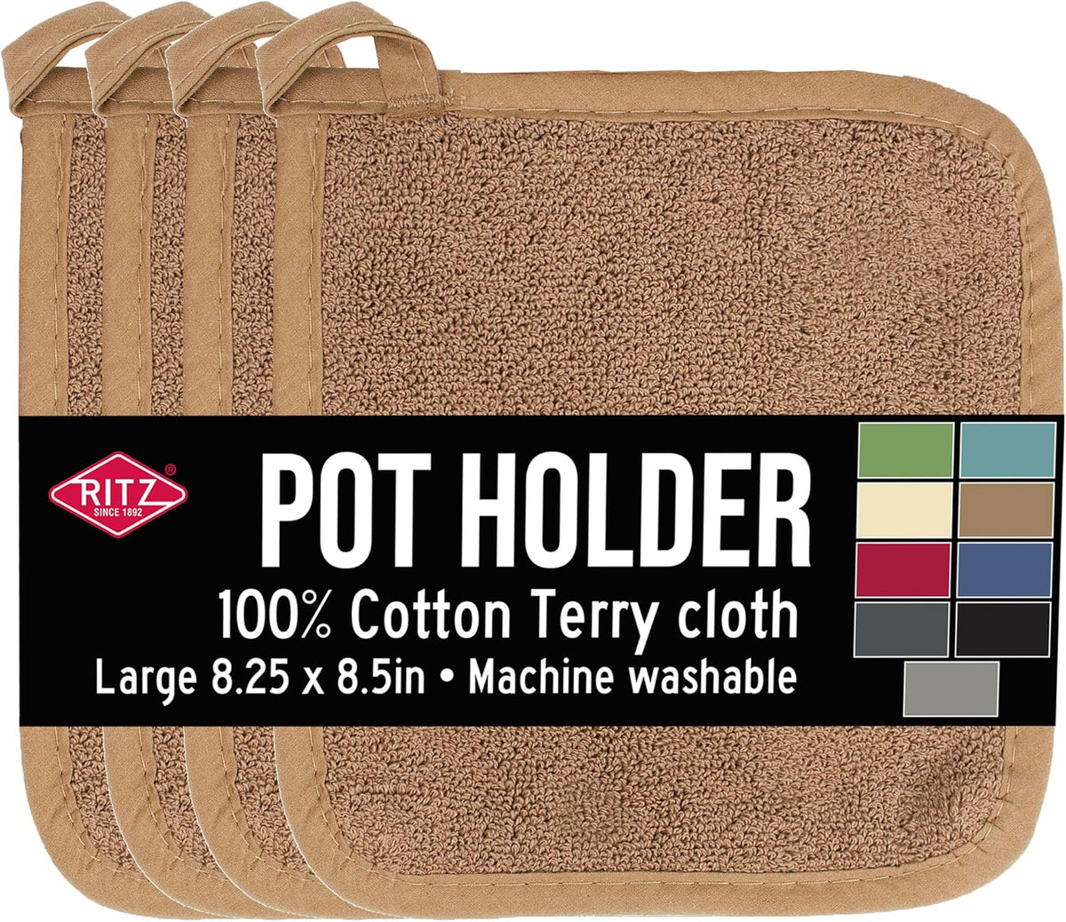 RITZ Terry Potholder & Hot Pad: Unparalleled Heat Resistant, Durable 100% Cotton – Ergonomically Designed for Optimal Grip – Easy-Care Machine Washable – 4-Pack, Mocha Brown