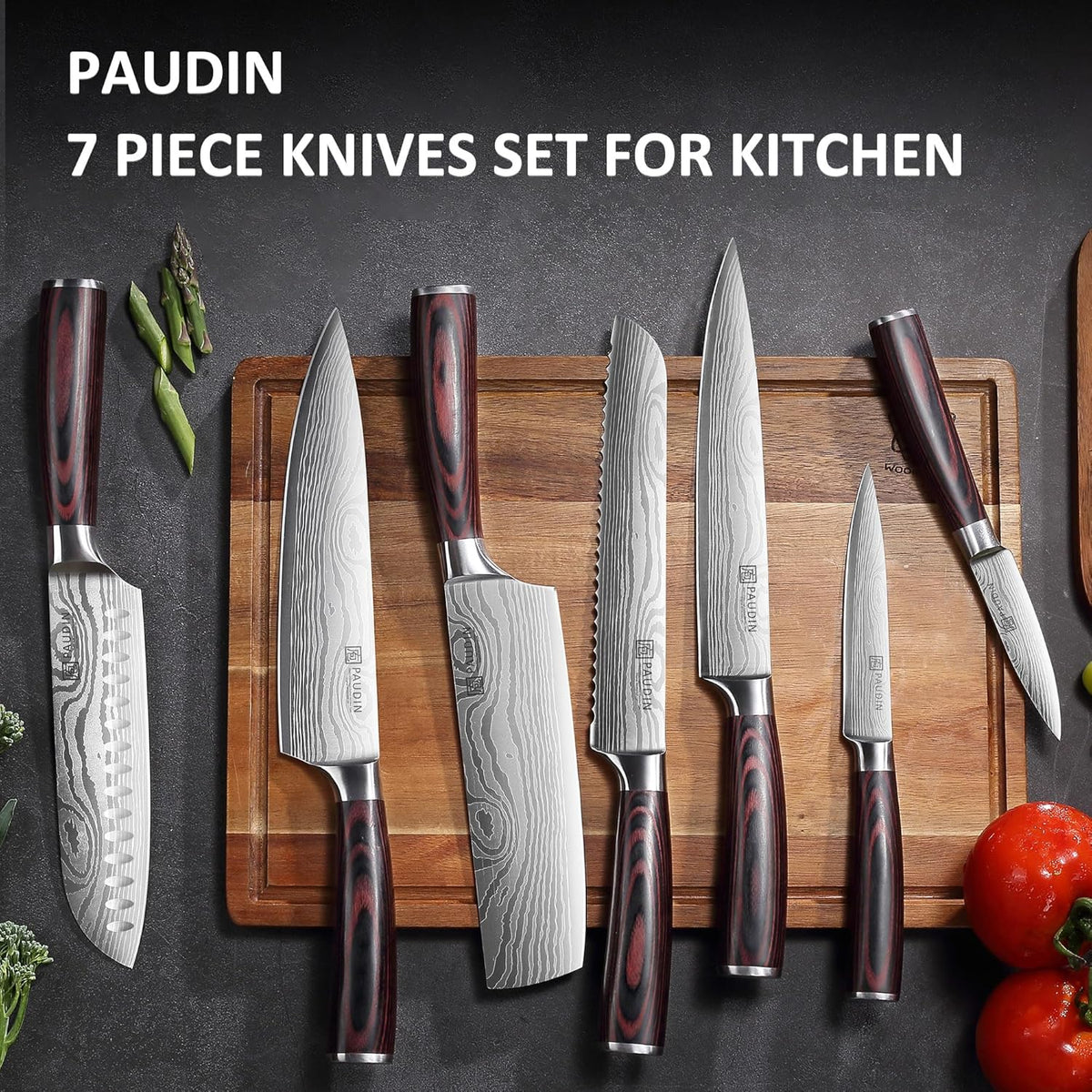 PAUDIN Chef Knife Set, 7 Pieces Kitchen Knife Set, High Carbon Stainless Steel, Ultra Sharp Knife Set, Professional Knives Set for Kitchen with Pakkawood Handle