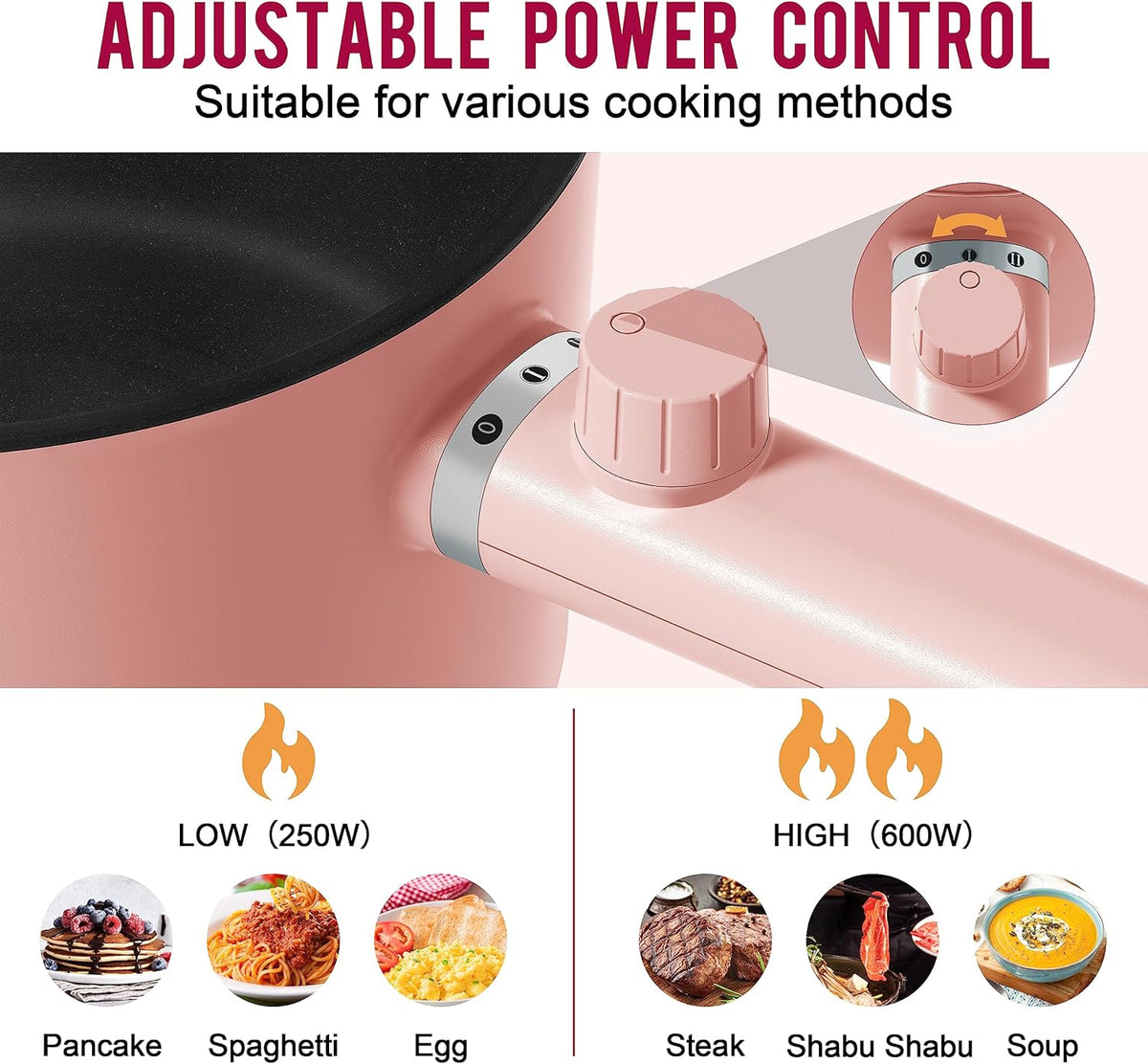 Topwit Hot Pot Electric with Steamer, 1.5L Ramen Cooker, Non-Stick Frying Pan, Electric Pot for Pasta, BPA Free, Electric Cooker with Dual Power Control, Over-Heating & Boil Dry Protection, Pink