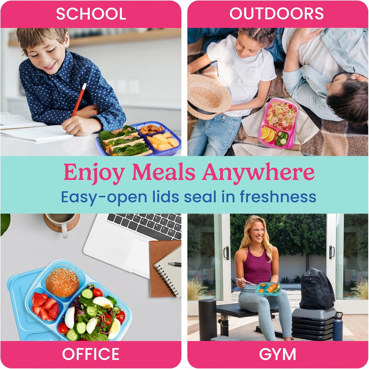 Bentgo Easyboxes - Original Stackable Lunch Boxes - Reusable 3-Compartment Food Containers for Kids and Adults - Bento Lunch Box for Meal Prep, School, & Work - BPA Free, Set of 10 (Jewel Brights)