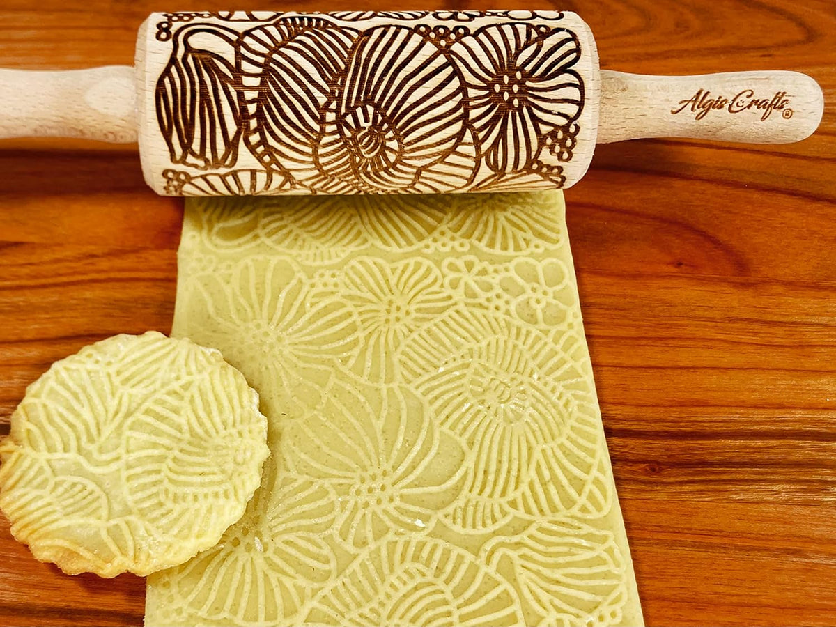 FLORAL 3 Small Textured Rolling Pin Set. Wooden laser engraved embossing dough roller for embossed cookies gift for Birthday, Easter by Algis Crafts