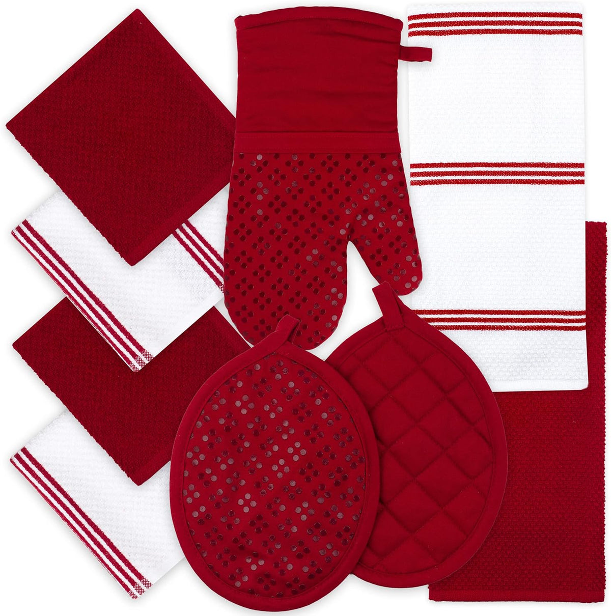 Sticky Toffee 9-Piece Kitchen Set – Red 100% Cotton Terry Dish Towels, Dishcloths, Oven Mitts, and Pot Holders with Non-Slip Silicone, Oeko-Tex Cotton