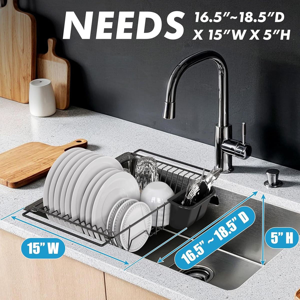 SIMPLE HOUSEWARE Large Over Sink Counter Top Stainless Steel Dish Drainer Drying Rack with Utensil Holder, Black