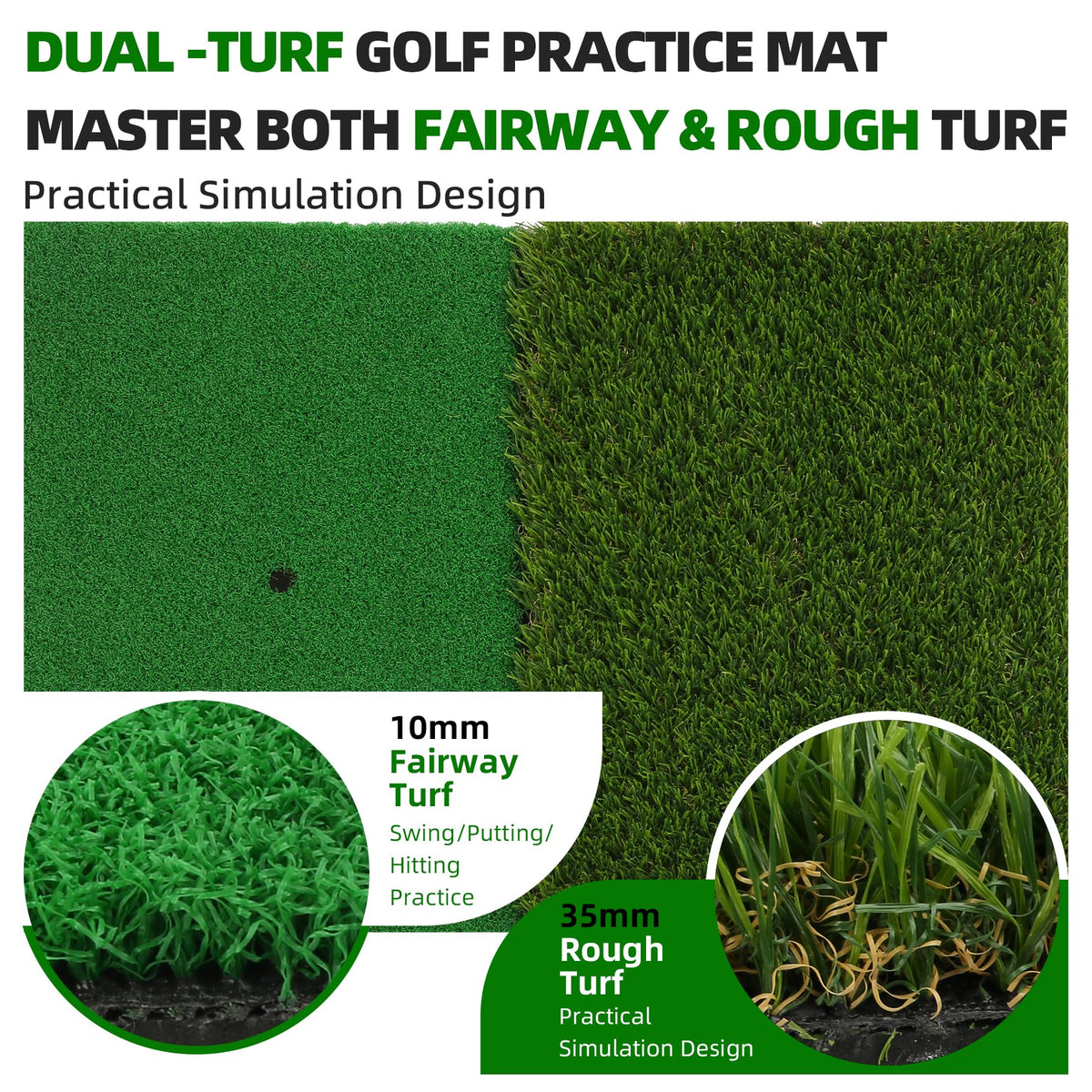 Dual-Turf Golf Hitting Mat – Golf Practice Mat, Foldable & Portable Golf Turf Mat with 8 tees, Golf Chipping & Putting Mat for Indoor/Outdoor Practice