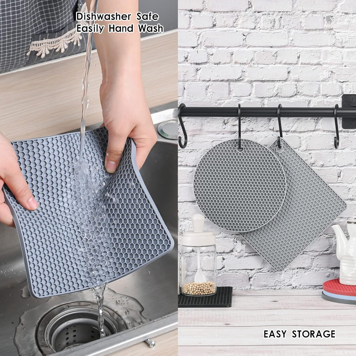 Silicone Trivets for Hot Dishes, Trivet Mat Hot Pads for Kitchen, Silicone Pot Holders for Kitchen, Trivets for Hot Pots and Pans, Heat Resistant Mats for Quartz Countertops, Set 4 Dark Gray