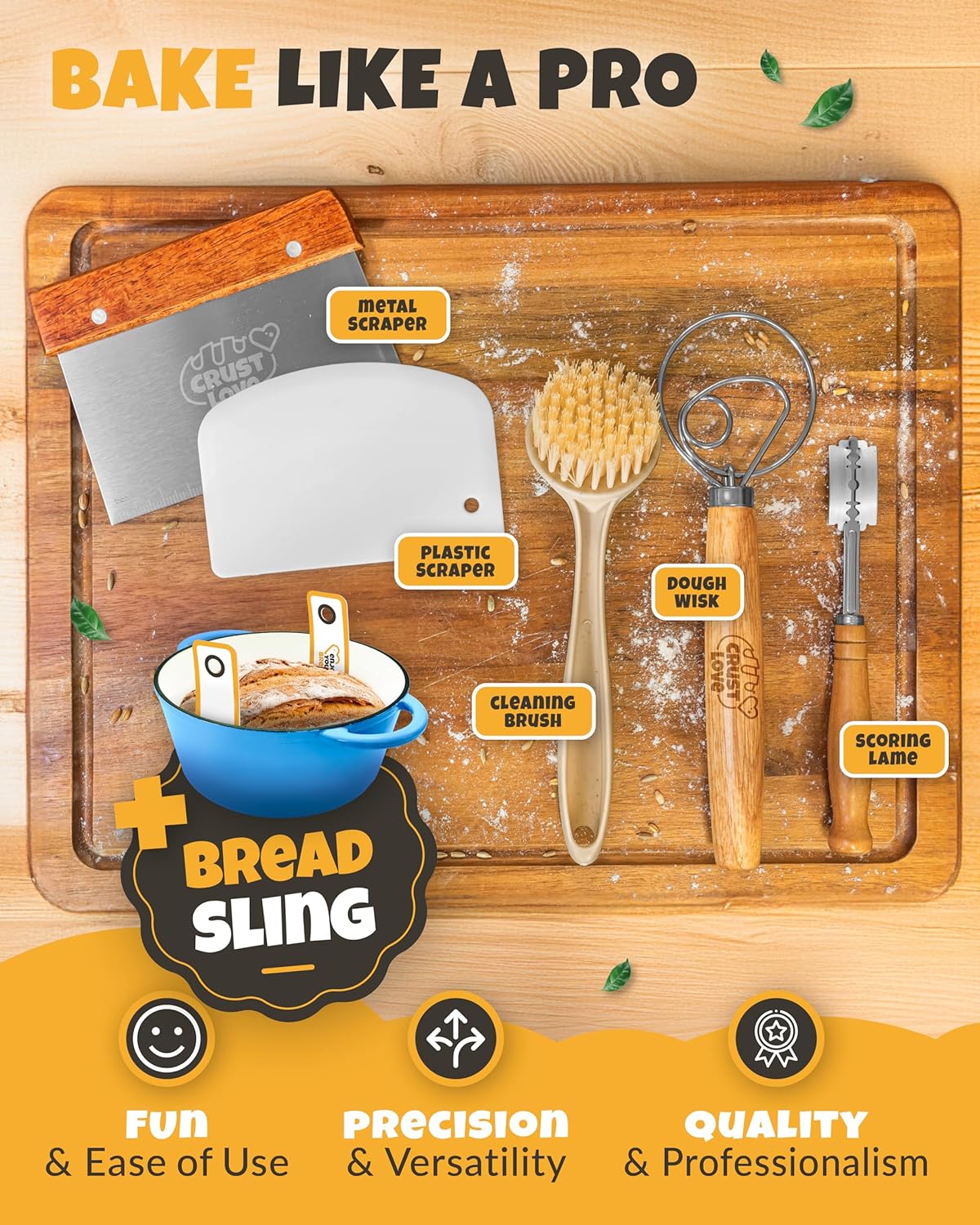 Dutch Oven for Bread Baking - incl. Sourdough Bread-Baking Supplies like Banneton Bread-Proofing Basket - 5QT Enameled Cast Iron Bread-Oven with Lid, Bread-Pan Sour Dough Starter Kit
