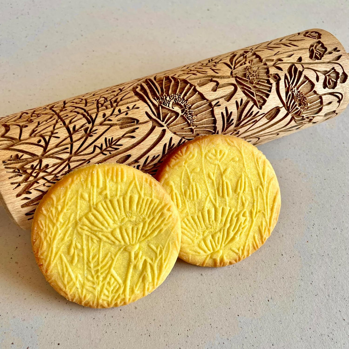 WILD POPPY Embossing Rolling Pin with Flowers Pattern. Dough and Clay Roller for Embossed Cookies and Pottery. Cookie and Ceramic Stamp. Backing Gifts for Women by Algis Crafts