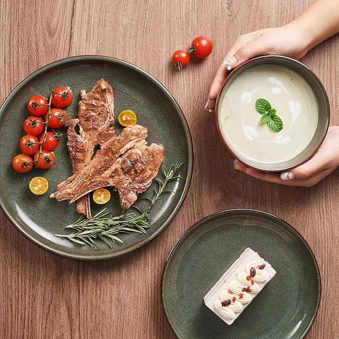 Stoneware Dinnerware Sets Service for 4, 12 pcs Reactive Glaze Plates and Bowls Sets, Handmade Ceramic Dish Set, Highly Chip and Crack Resistant Modern Plate Set, Brown Green