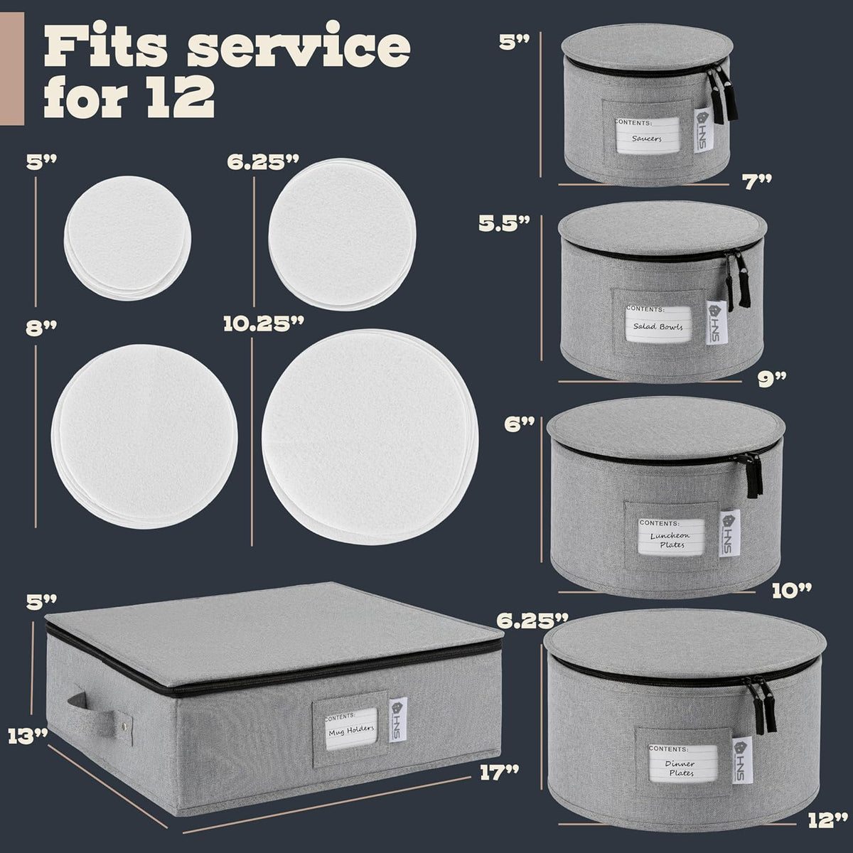 Hard Shell China Storage Containers 5-Piece Set Moving Boxes for Dinnerware, Glasses, Plates, Mugs and Saucers Sturdy Dish Organizer with Dividers for Seasonal Storage - Service for 12 - Gray