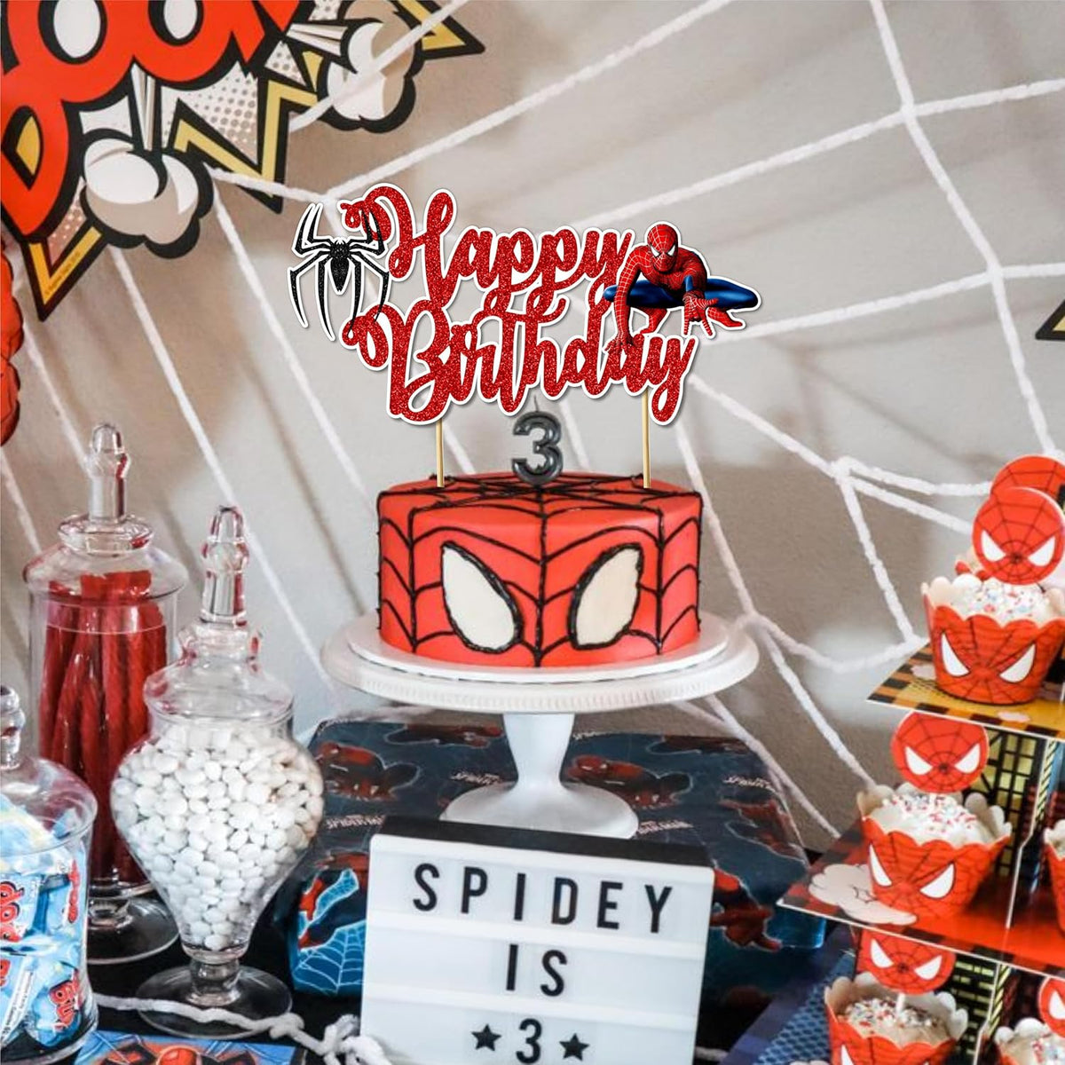 Spidrmn Happy Birthday Cake Topper – Superhero Cake Decoration for Boys, Party Supplies, Super hero-Themed Birthday, Spidr-Mn Party Accessory - Birthdays Decorations.