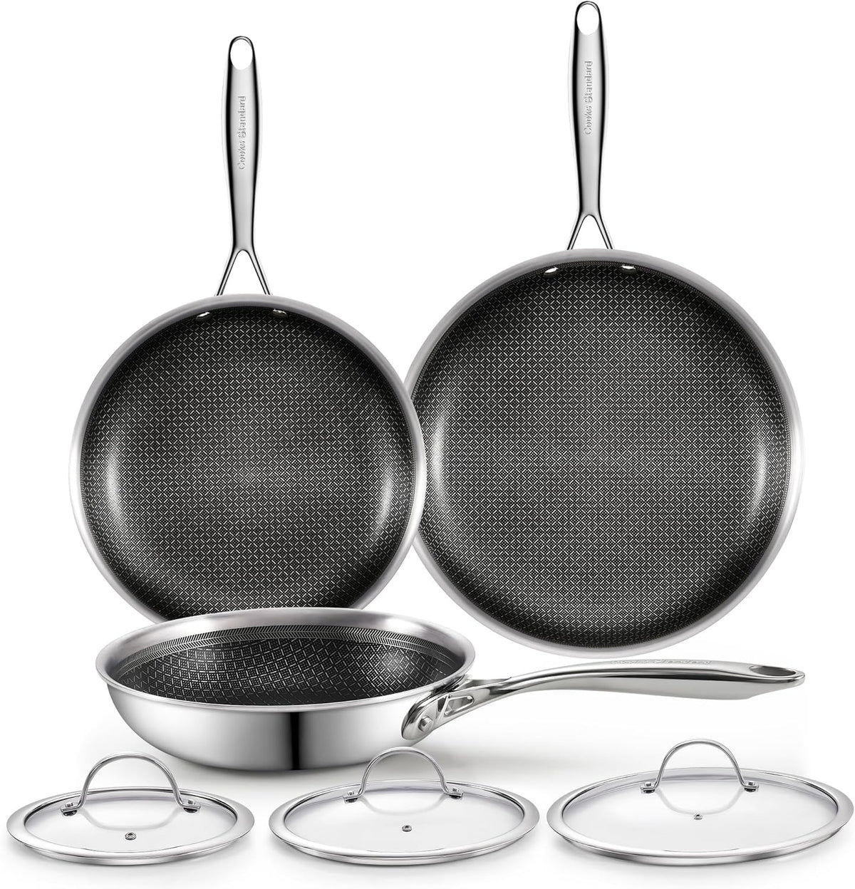 Cooks Standard Hybrid Nonstick Frying Pan Set, 8, 10 and 12-Inch Multi-Ply Clad Stainless Steel 3 Piece Skillet with Tempered Glass Lids, Oven Safe, Compatible with All Stovetops