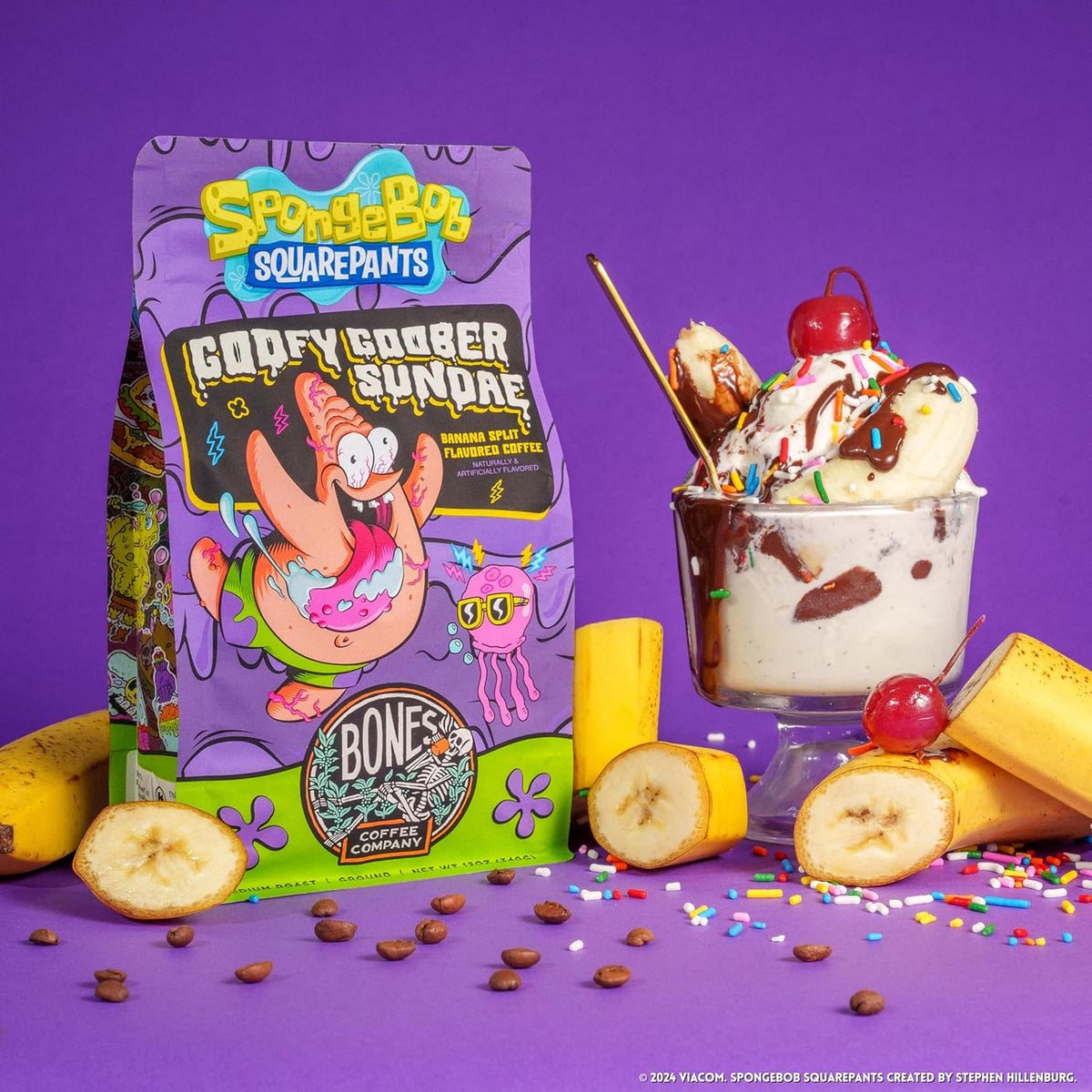 Bones Coffee Company Spongebob Goofy Goober Sundae, Banana Split Flavored Coffee, Medium Roast Low Acid Arabica Beans Compatible with Auto drip and French Press Coffee Maker, 12 Oz Whole Bean