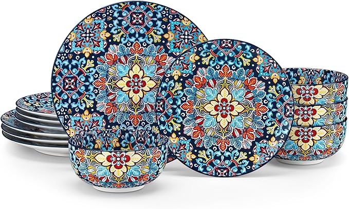 vancasso 12 Pieces Dinnerware Sets, Red Plates and Bowls Set, Porcelain Dishes Set for 4, Microwave and Dishwasher Safe, Scratch Resistant, Bohemian Style Dining Ware Service for 4, Series SIMI