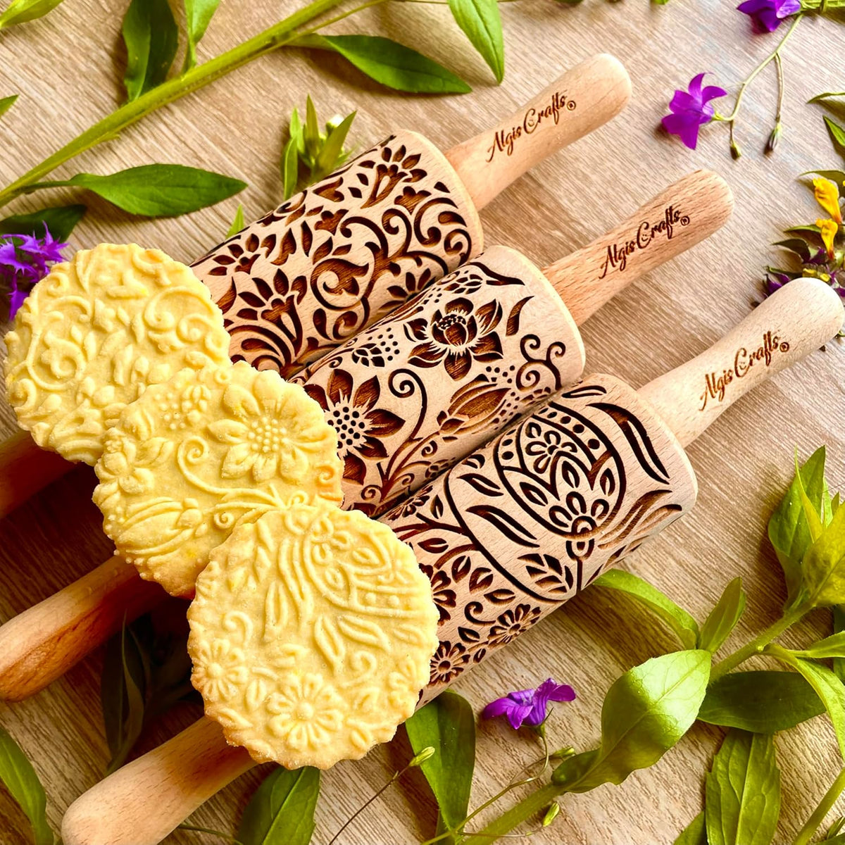 FLORET 3 Kid Rolling Pin Set with Lotus, Kashmir, Paisley, Flowering Vine, Lily Flowers Patterns. Wooden Laser Cut Mini Rolling Pins for Cookies, Play Dough, Salt Dough or Clay by Algis Crafts