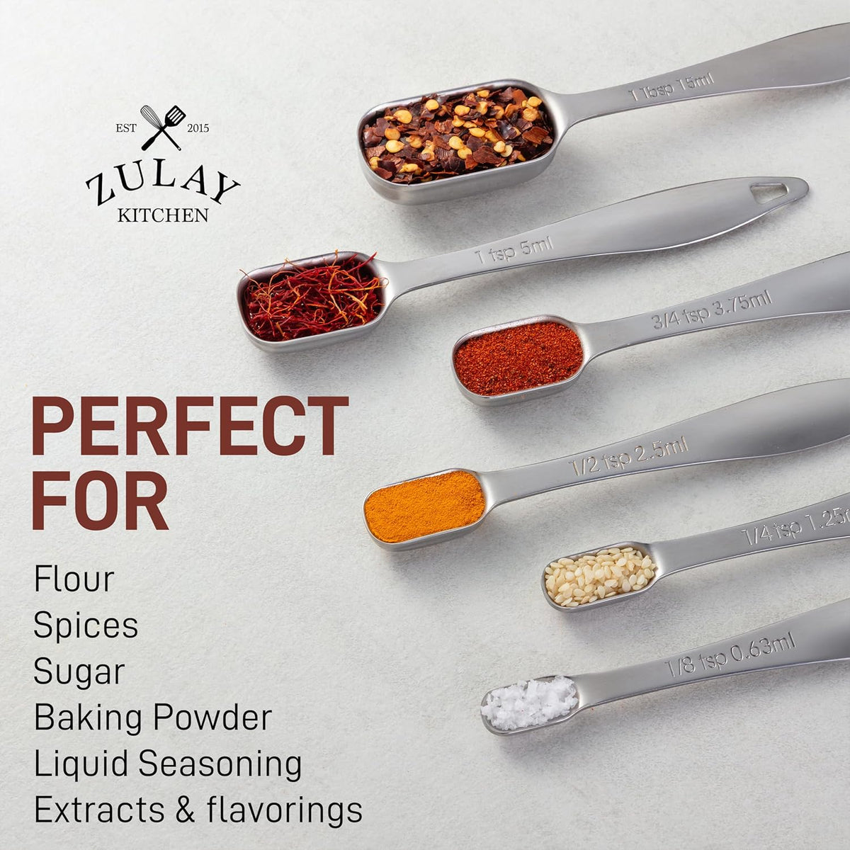 Zulay Measuring Spoons Set - 6 Piece Stainless Steel Measuring Spoons - Easy to Read, Etched Markings & Slim Design for Narrow Spice Jars - Heavy Duty Tablespoon Measure Spoon with Removable Clasp