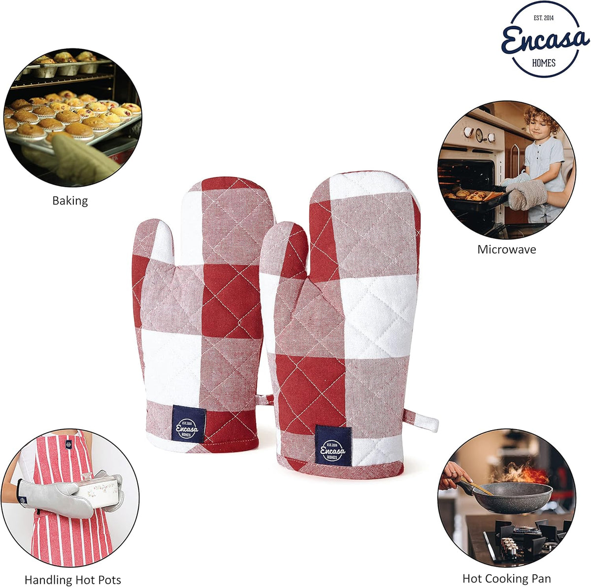 Encasa XO Long 12"x7" Oven Microwave Hand Gloves Mitts (2 pc Set) for Kitchen Cooking & Baking - Heat Resistant, Thick & Safe, Protection of Hands from Hot Utensils - Buffalo Red Checks