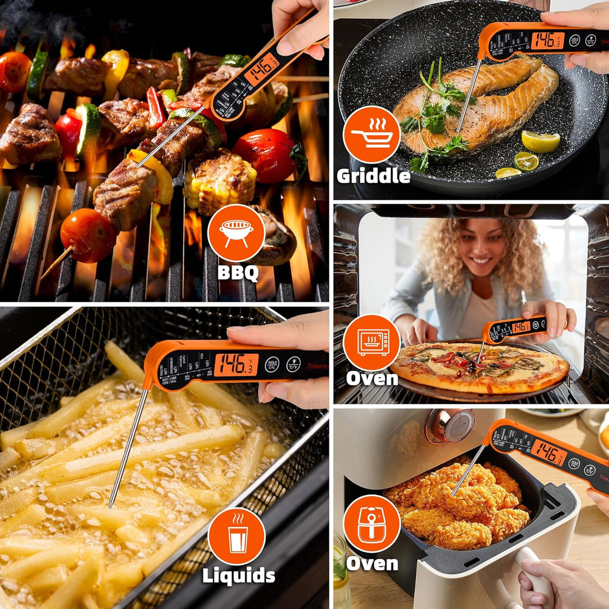 Digital Meat Thermometer Instant Read - Ultra Fast 1s Reading, Waterproof with Backlight & Motion Sensor for BBQ, Grilling, Smoker, Candy, Oil (Orange)