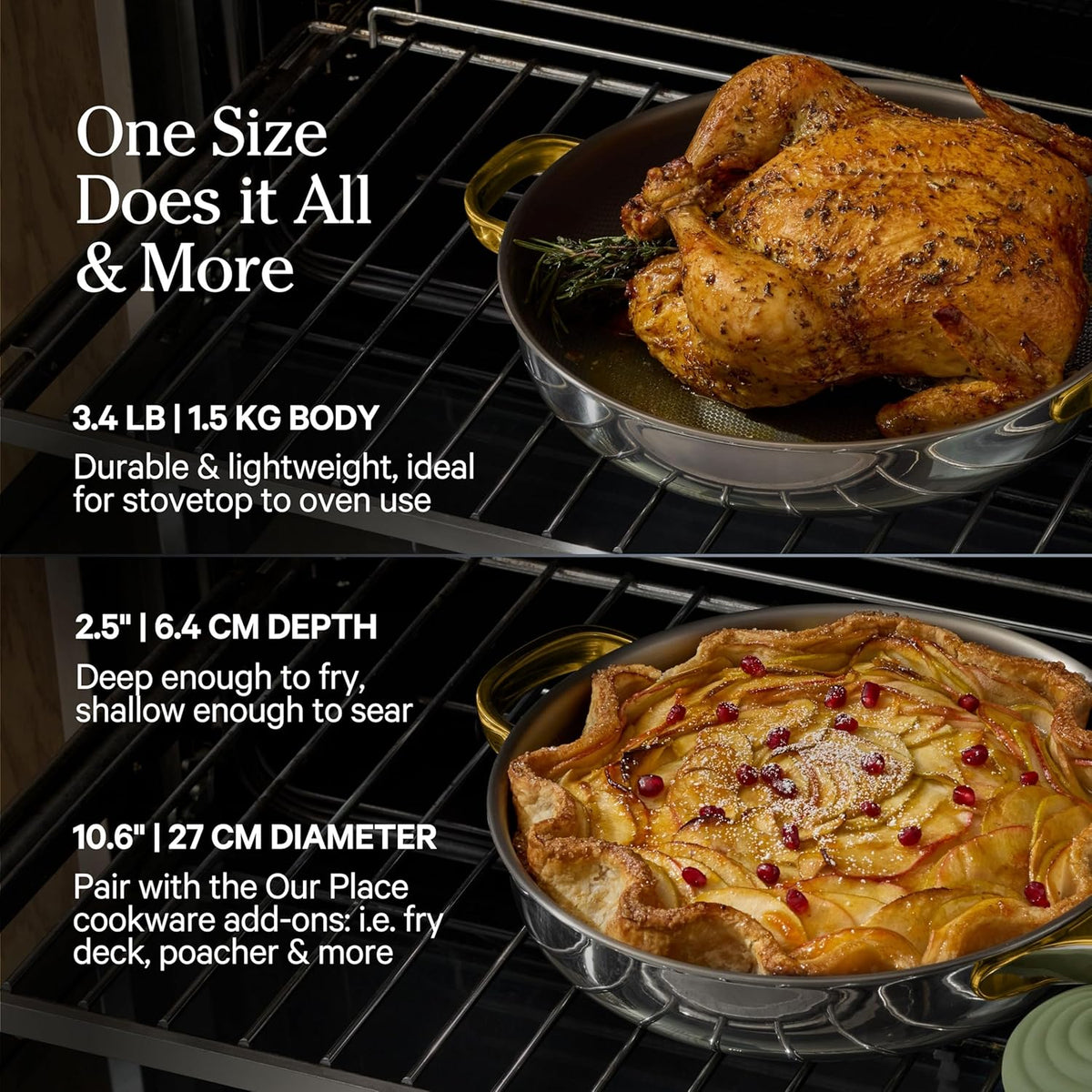 Our Place Titanium Always Pan Pro - 10.6” (2.8 Qt) No-Coating Nonstick Skillet | Tri-Ply Titanium & Stainless Steel | Safe for Oven, Induction & All Cooktops up to 750°F | Includes Spatula | Gold
