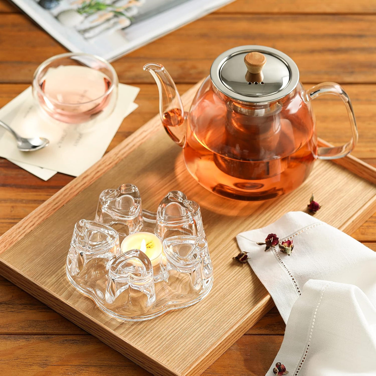 CNGLASS Glass Teapot with Removable Infuser 1100ml(37.5oz),Clear Tea Kettle Stovetop Safe,Blooming and Loose Leaf Tea Maker