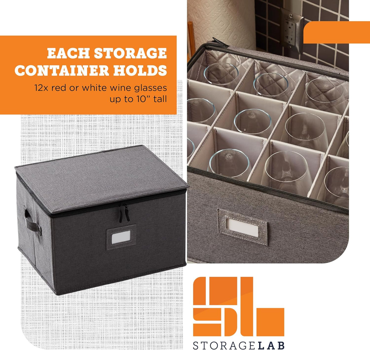 storageLAB Wine Glass Storage Containers, Hard Shell Organizer for Stemware and Glassware Sets, Stackable Wine Glass Storage Box with Dividers for Kitchen and Moving Supplies - 2 Pack Set, Gray