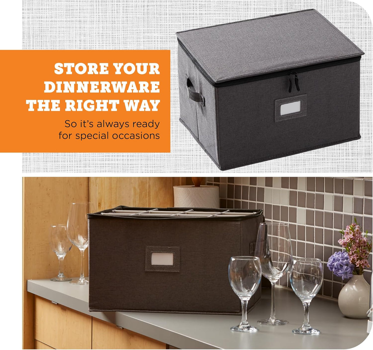 storageLAB Wine Glass Storage Containers, Hard Shell Organizer for Stemware and Glassware Sets, Stackable Wine Glass Storage Box with Dividers for Kitchen and Moving Supplies - 1 Pack, Gray