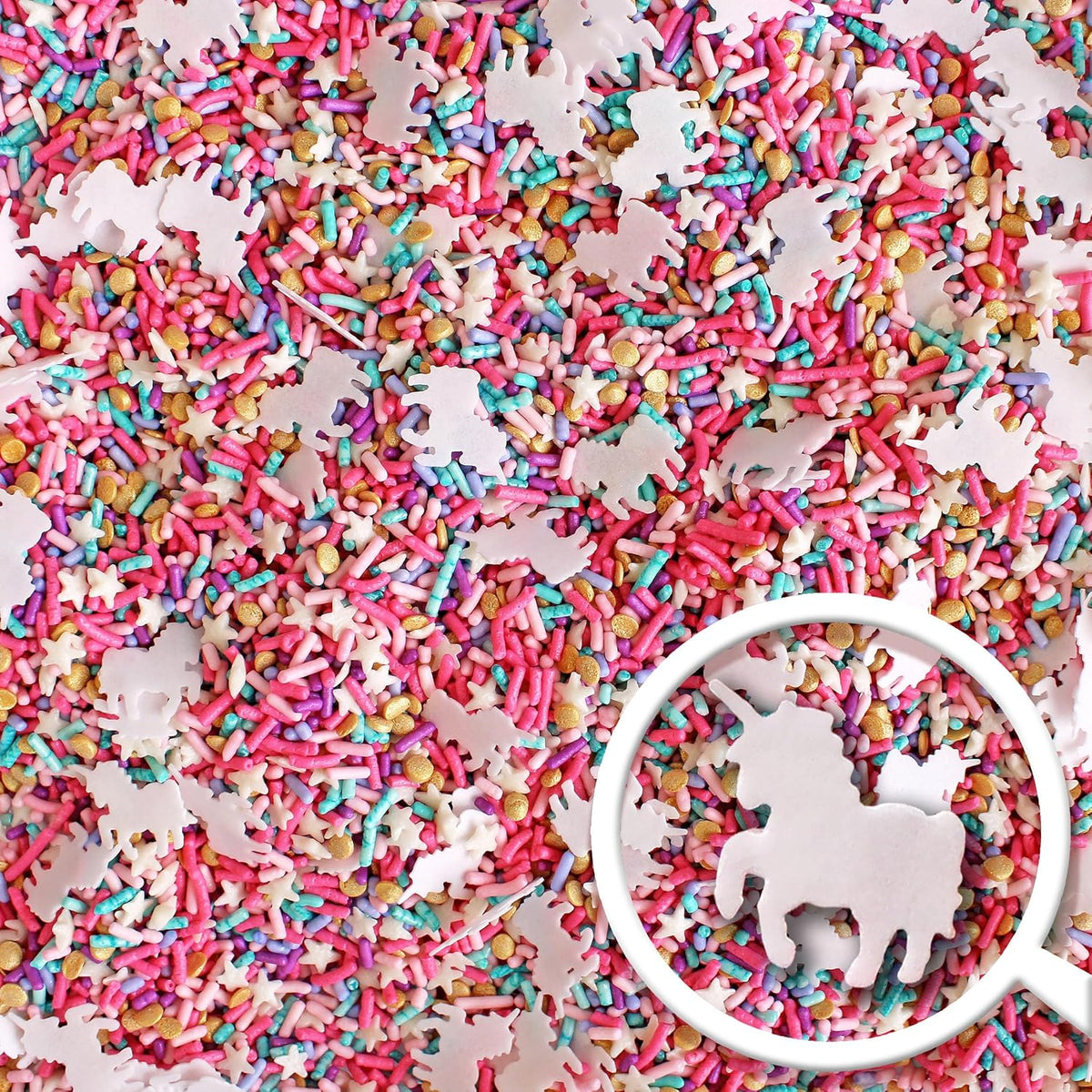 Sprinkle Pop Party Like A Unicorn Sprinkle Mix| Rainbow Sprinkles Heavy on Pink Gold Jimmies with ~10 Unicorn Wafer Papers| Birthday Sprinkles Made in USA for Decorating Cake Cupcakes Cookie, 2oz