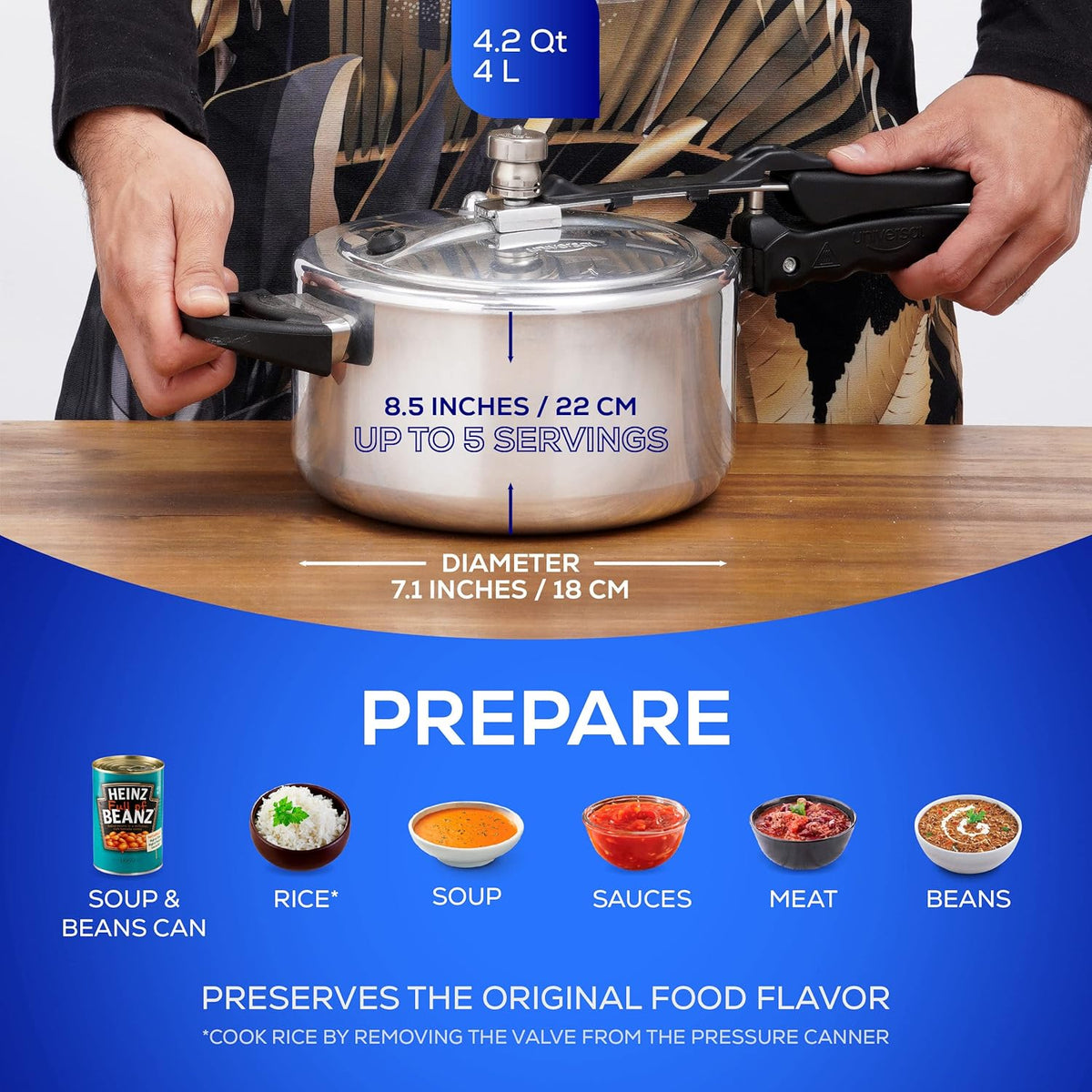 Universal (4.2 Quart / 4 Liter) Pressure Cooker, 5 Servings, Aluminum Pressure Cooker With Multiple Safety Systems and Heat Resistant Handles For Stews, Soup, Meat, and Beans