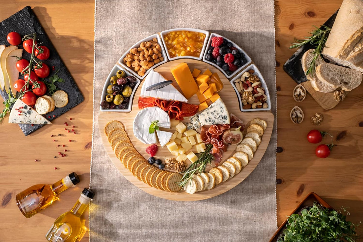 Charcuterie Cheese Board and Platter Set - Made from Bamboo Wood - US Patented 16 inch Cheese Cutting Board and Knife for Entertaining and Serving - 4 Knives - 5 Bowls - 2 Cheese Markers - 4 Forks