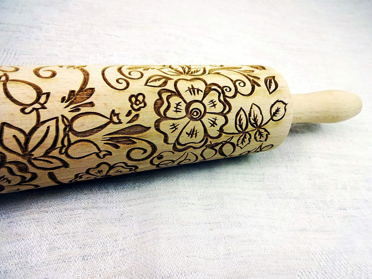 ROSEHIP FLOWERS EMBOSSING ROLLING PIN LASER ENGRAVED with ROSESHIP FLOWERS GIFT for MOTHER FRIEND
