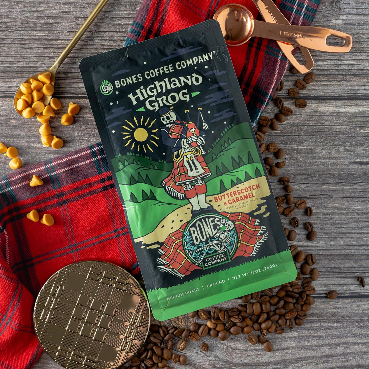 Bones Coffee Company Highland Grog, Butterscotch Caramel Flavored Coffee, Medium Roast Low Acid Arabica Beans Compatible with Auto drip and French Press Coffee Maker, 12 Oz Ground