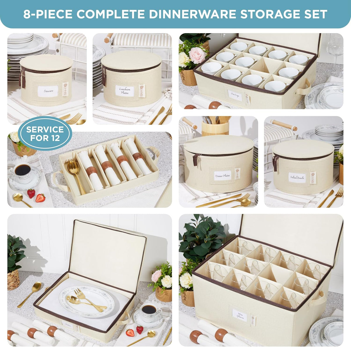 Hard Shell China Storage Containers 8-Piece Set Moving Boxes for Dinnerware, Glasses, Plates, Mugs and Saucers Sturdy Dish Organizer with Dividers for Seasonal Storage - Service for 12 - Beige