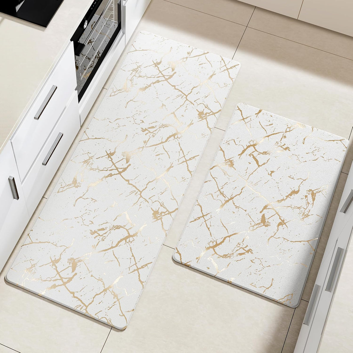 Gold Foil Stamped Marble Kitchen Mats for Floor 2PCS Cushioned Anti Fatigue Non Slip Waterproof Comfort Leather Kitchen Rugs 2/5 Inch PVC Kitchen Mats for Sink, Laundry, 17.3"x28"+17.3"x59",White