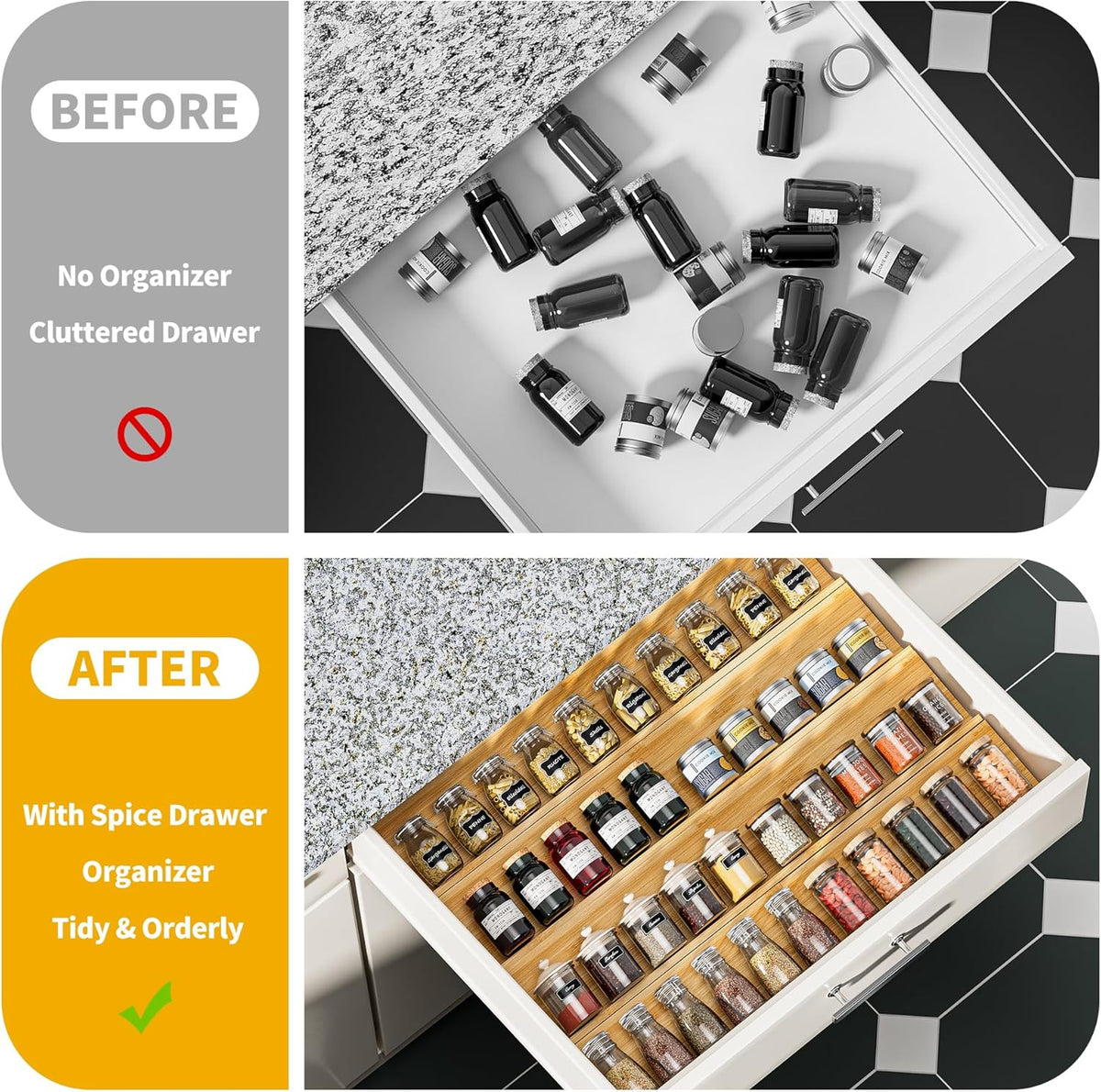 Bamboo Spice Drawer Organizer - 8 Pack 13"x4.7"x1.6" Spice Rack Tray - Spice Jars Drawers Insert - Seasoning Organizer for Drawers/Countertop (Jars not included)…