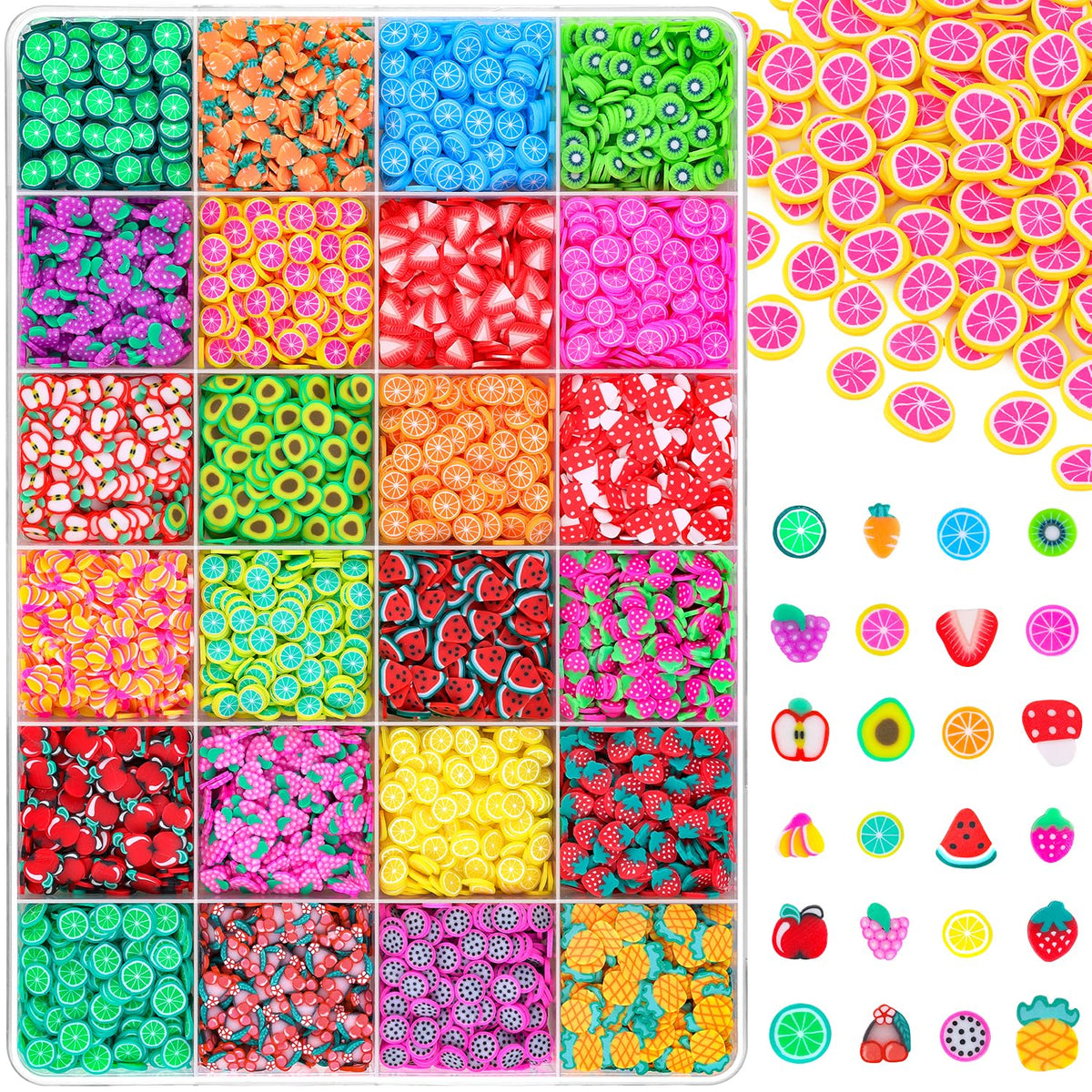 24-Grid Fruit Slice Polymer Clay Cute Slime Add Ins for Nail Art, Kawaii Scrapbooking Embellishments & Lip Gloss, Cellphone Decorations Bulk Slime Mix Ins Assorted Fruits Accessories for DIY Crafting