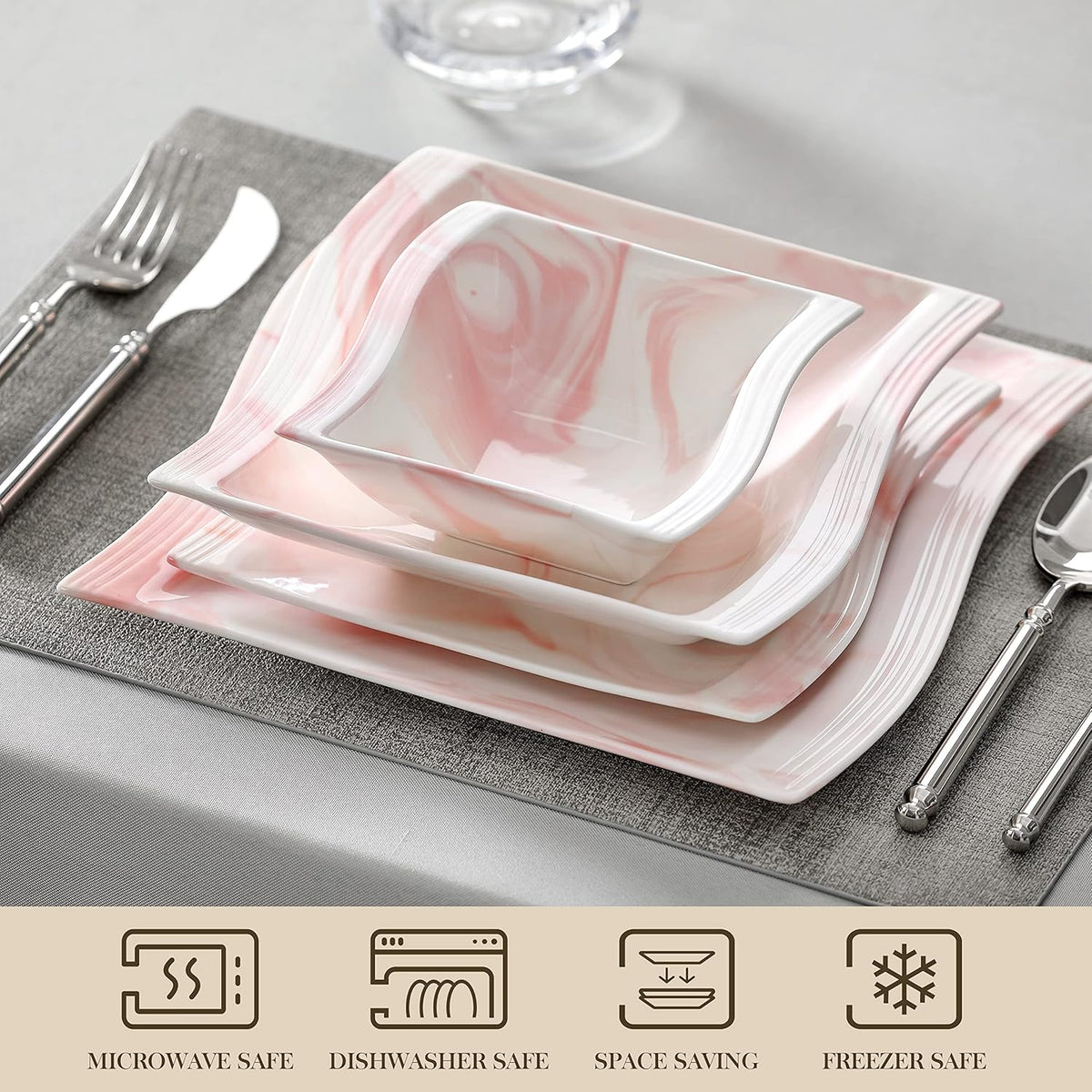 MALACASA Plates and Bowls Sets, 26 Pieces Pink Dinnerware Sets for 6, Porcelain Dinnerware Set with Dinner Plates and Bowls, Serving Platters, Square Dishware Sets, Modern Dish Set, Series Flora