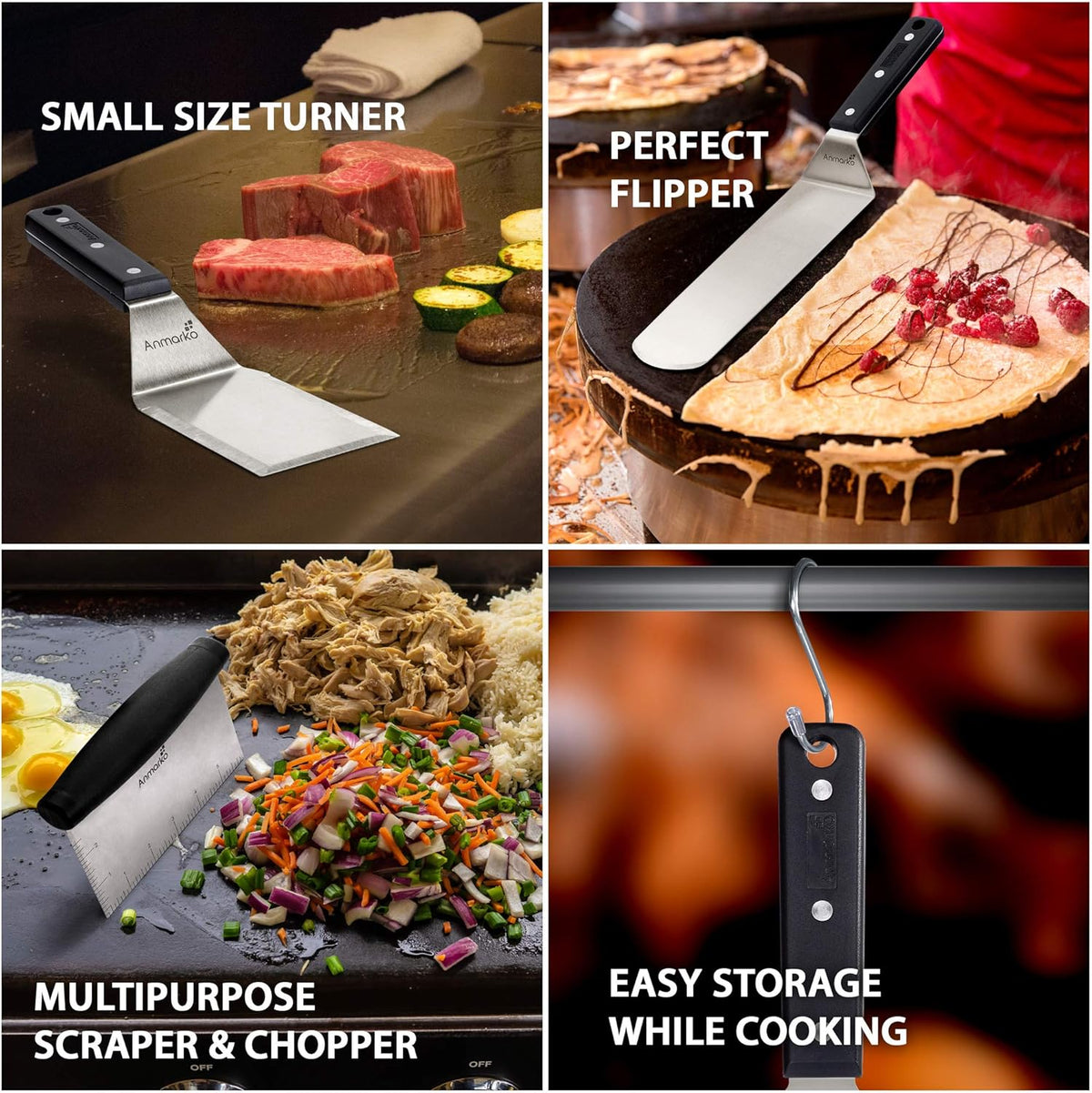 Anmarko Metal Spatula Stainless Steel Scraper - Professional Chef Griddle Spatulas Set of 3 - Heavy Duty Accessories Great for Cast Iron BBQ Flat Top Grill Skillet Pan - Commercial Grade