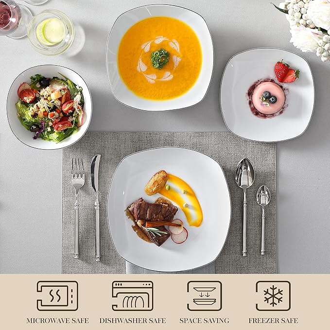 MALACASA Dinnerware Sets, 24 Piece Porcelain Square Dishes, White with Black Rim Plates and Bowls Sets, Ceramic Dish Set for 6, Chip Resistant Dishware Sets, Series ELISA