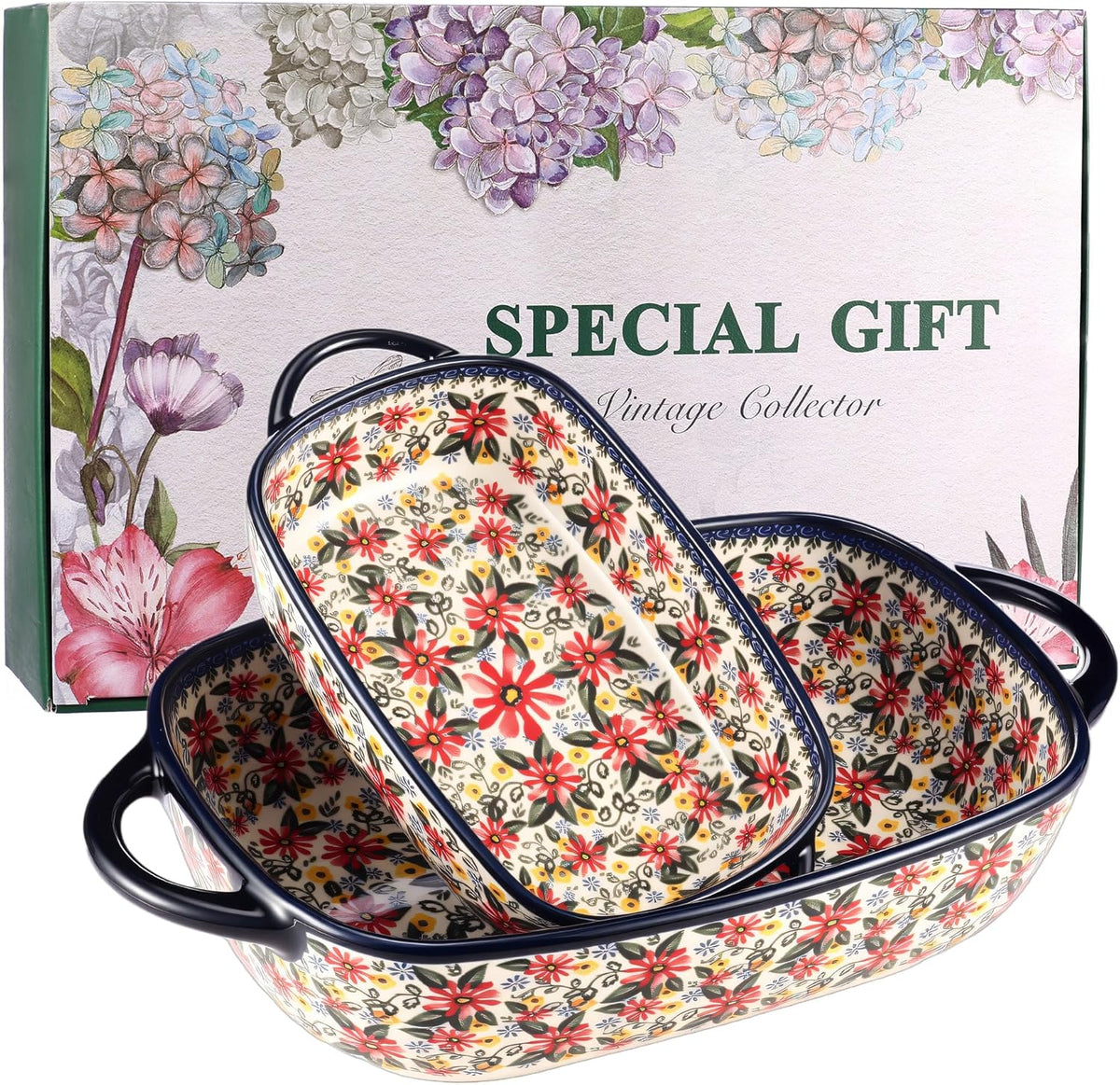 Polish Pottery Style Ceramic Baking Dish Set of 2 – Decorative Casserole Dishes with Handles, Cute Oven-Safe Lasagna Bakeware Gift Set
